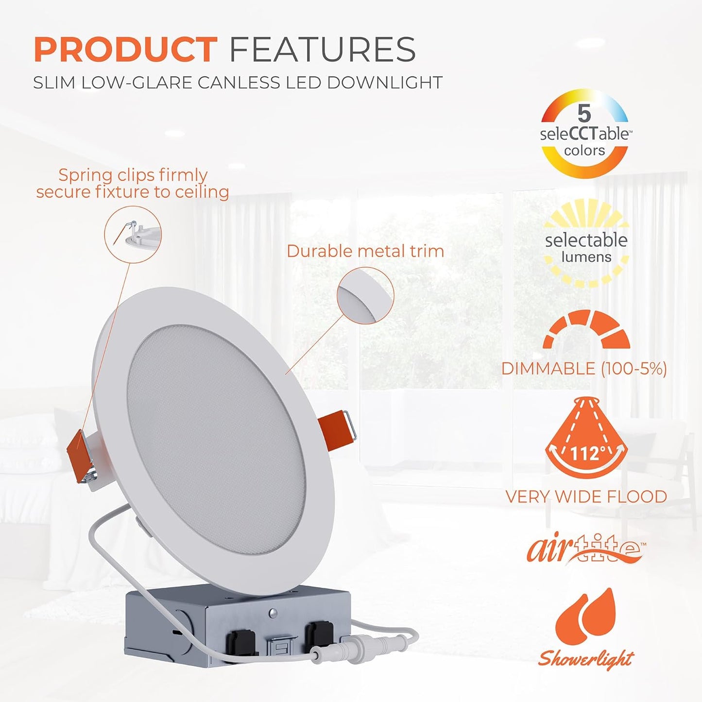 HALO HLB 6 in LED Recessed Lighting Canless Dimmable Wet Location Selectable Lumens and Selectable Color 27/30/35/40/5000K Indoor Outdoor Soffit Ceiling Downlight HLB6LSFS5