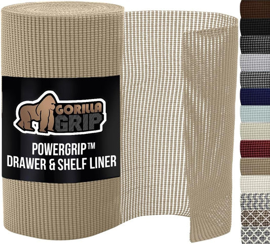 GORILLA GRIP powerGRIP Drawer Shelf and Cabinet Liner, Thick Strong Hold, Non-Adhesive Liners Protect Kitchen Cabinets and Cupboard, Bathroom Drawers, Easy Install, Breathable Mat, 12" x10', Beige