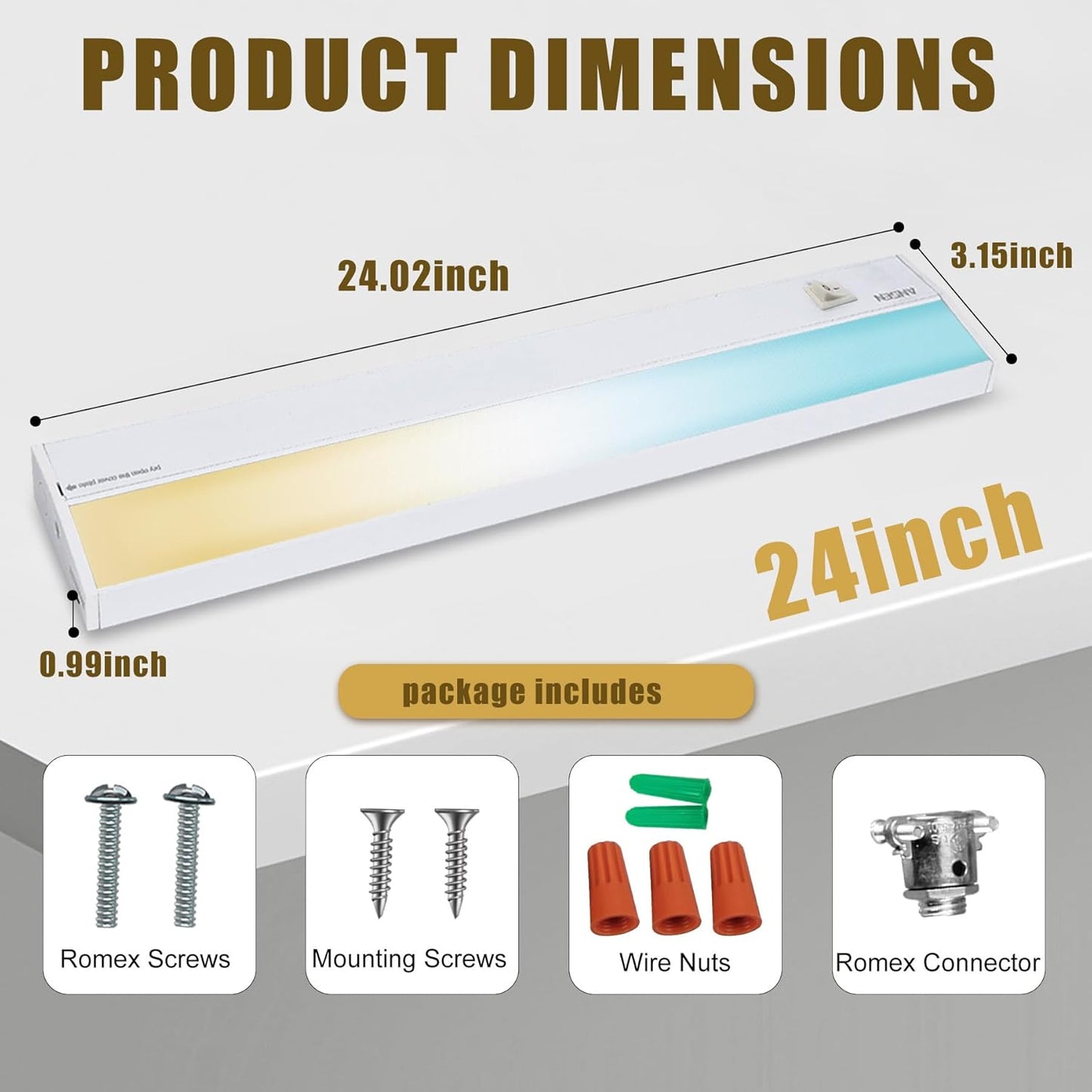 Ansen Hardwired Under Cabinet Lighting, 24in 18W LED Light for Kitchen/Closet, 1237lm, CRI>92, R9>90, 5 Color Temperature, Dimmable, 2700K-5000K(Warm White, Cool White, Daylight)