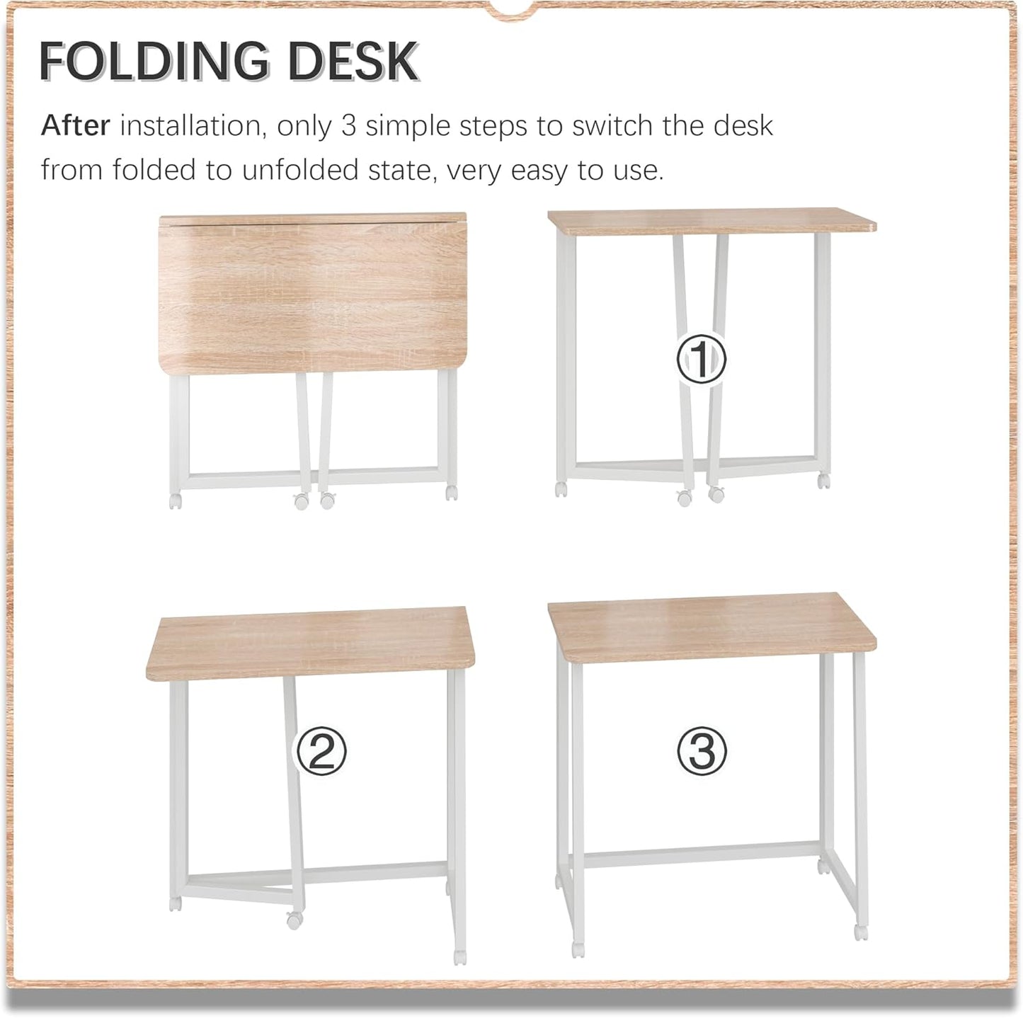 4NM 23.6" Mobile Small Folding Desk, Foldable Rolling Computer Home Office Desk, Study Writing Table for Small Space Saving Bedroom, with Wheels - Natural and White