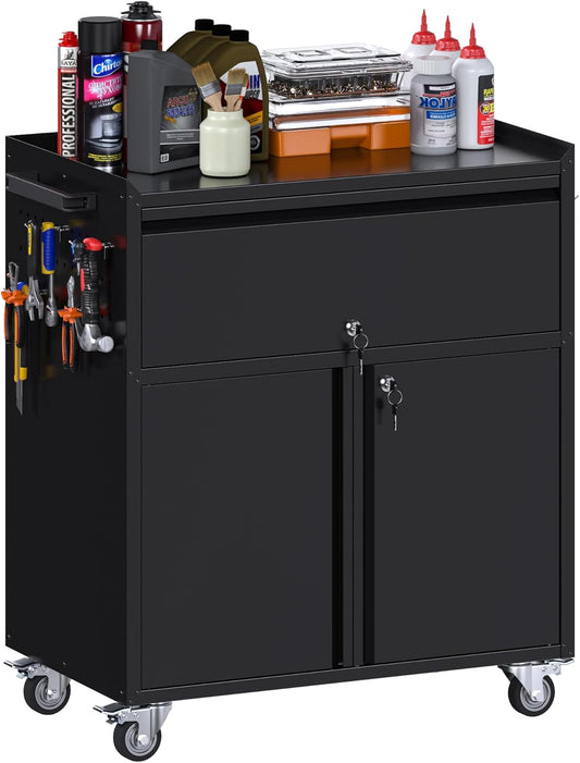 Aobabo Metal Garage Cabinet on Wheels with 1 Drawer,Assembly Required | 18.11"D x 30.31"W x 35.43"H with pegboard, 4 hooks, lockable drawer and doors, adjustable shelf, handle, and 4 casters