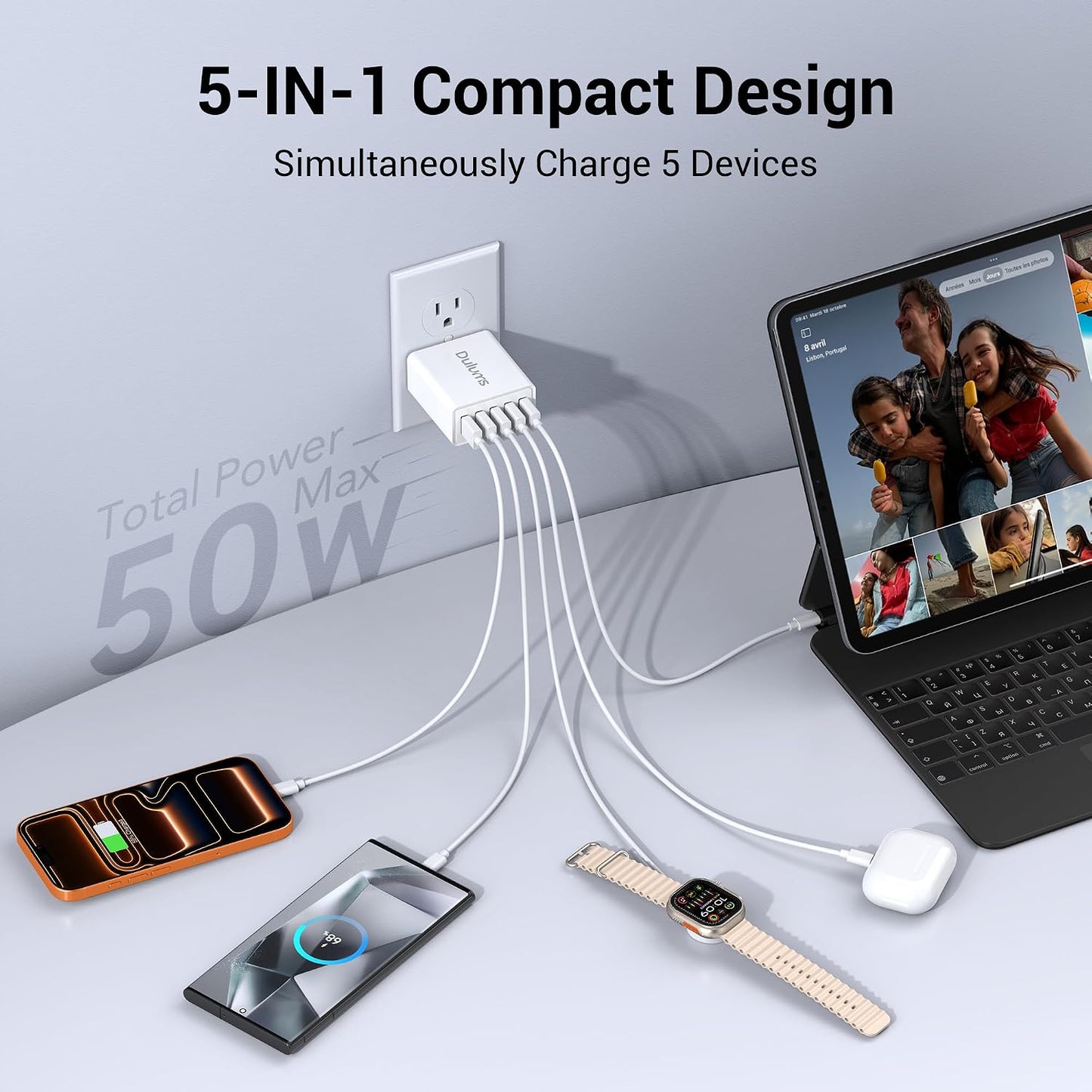 50W USB Wall Charger Block, 2Pack 5-Port Charger Fast Charging Block QC 3.0 Multiport Type C Box Brick Cube USB A Wall Plug for iPhone 16/15/14 Pro Max Plus, iPad,Galaxy, LG, Moto, Android Phones