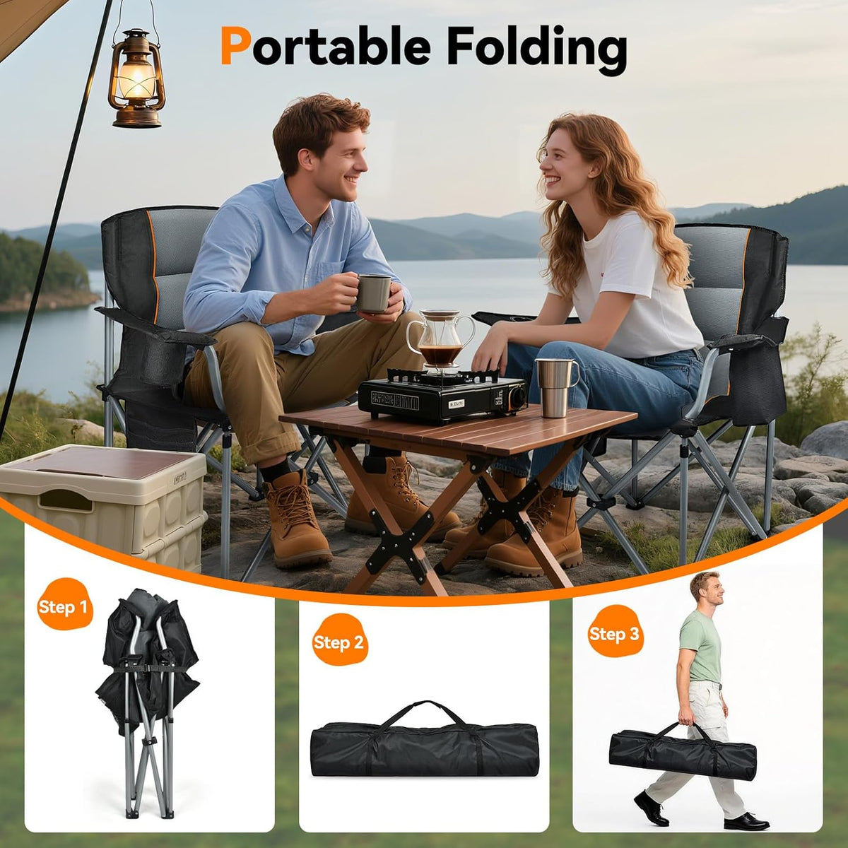 Camping Chairs, 2 Pack Oversized Heavy Duty Fully Padded Outdoor Folding Chairs with Cup Holder, Cooler Bag and Side Pocket, Support 400 LBS, Carry Bag Included, Versatile for Sports,Outdoors & Lawns