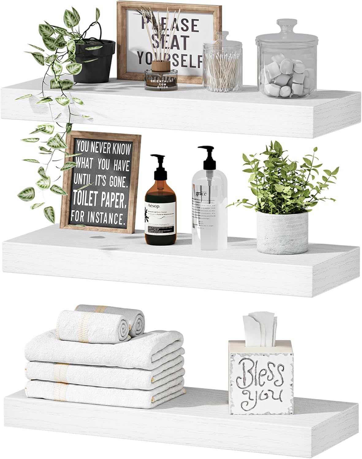 QEEIG Floating Shelves for Wall Bathroom Shelf Bedroom Kitchen Living Room Hanging Book Shelves Small Farmhouse Decor 16 inch Set of 3, White (015-W3)