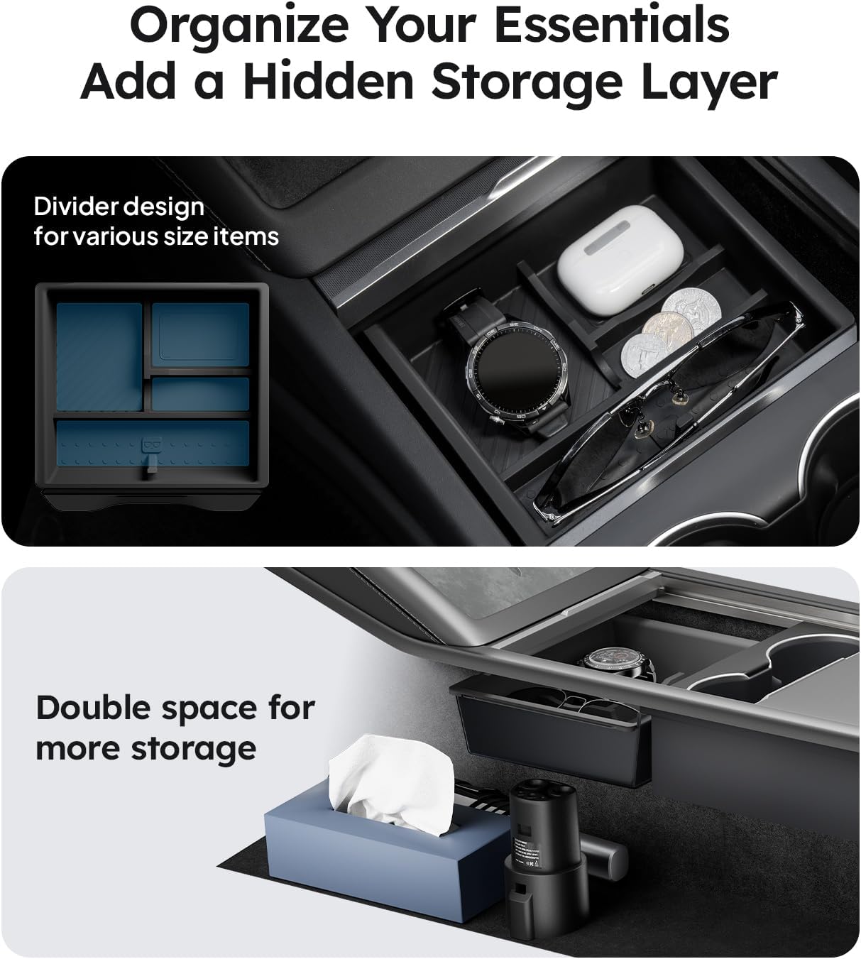 Wigoo Center Console Organizer for Tesla Model Y Juniper (Only Premium & Performance 2025 2026) and All Model 3 Highland Accessories [Double-Layer Storage, Smooth Sliding] 4PCS Black