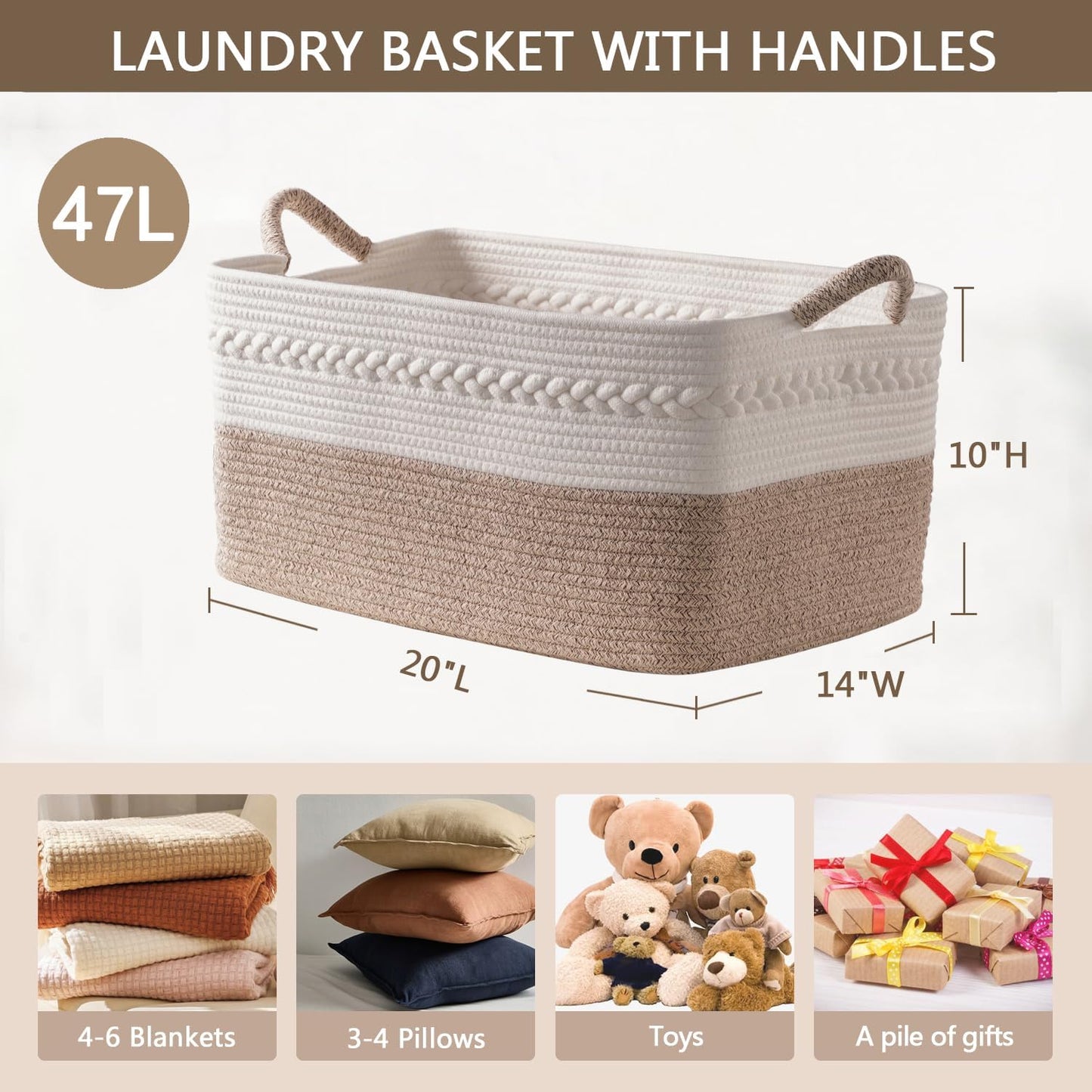 Decorative laundry basket with handles woven from natural cotton rope storage blankets for living room cute boho quilted gift baskets for clothes pillows toys 20"x14"x10",white/brown