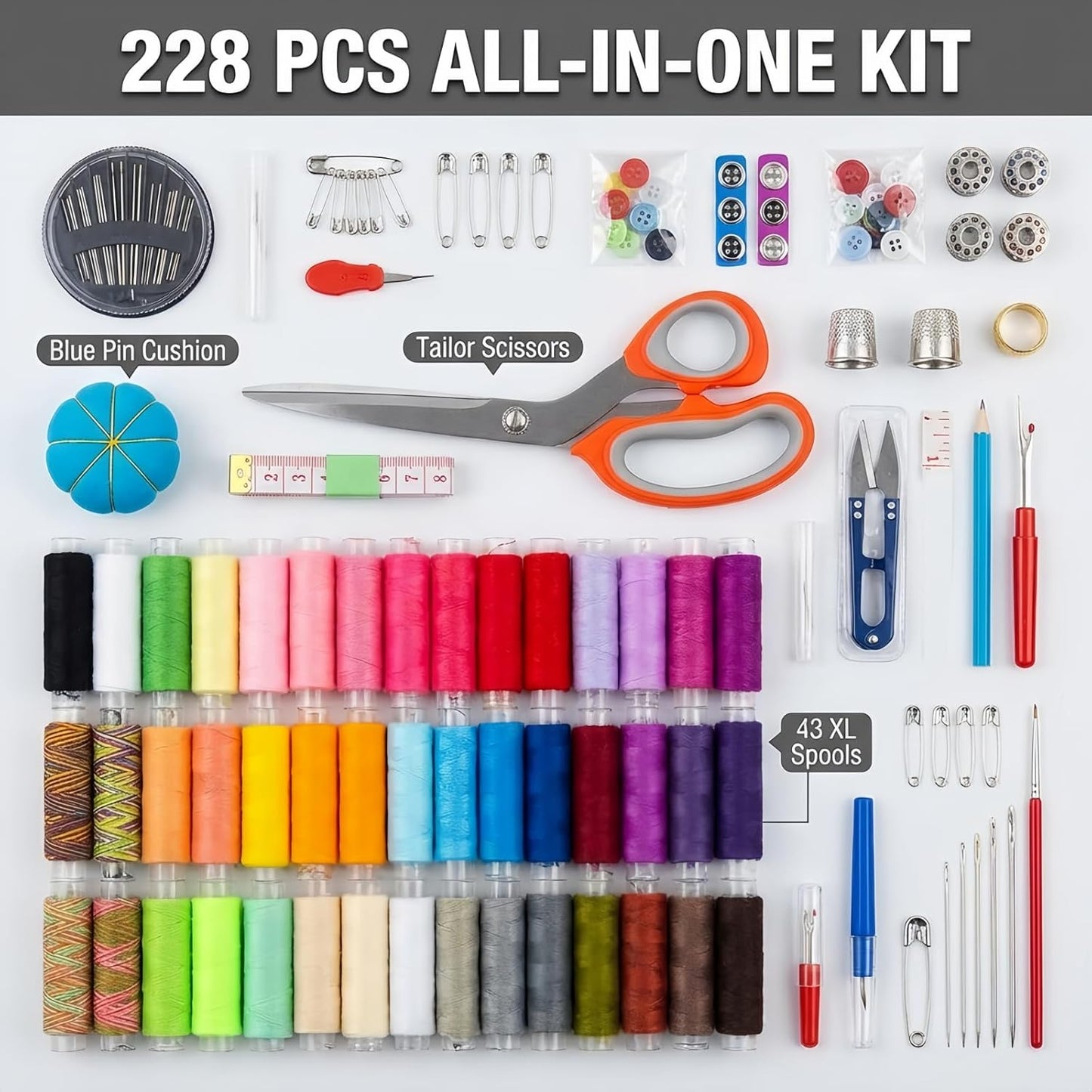 Forypretty Sewing Kit for Adults, 228 PCS Needle and Thread Kit with Tailor Scissors and Accessories, 43 XL Thread Spools, Travel Sewing Kit for Beginners, Oxford Cloth, Gift for Mom Grandma