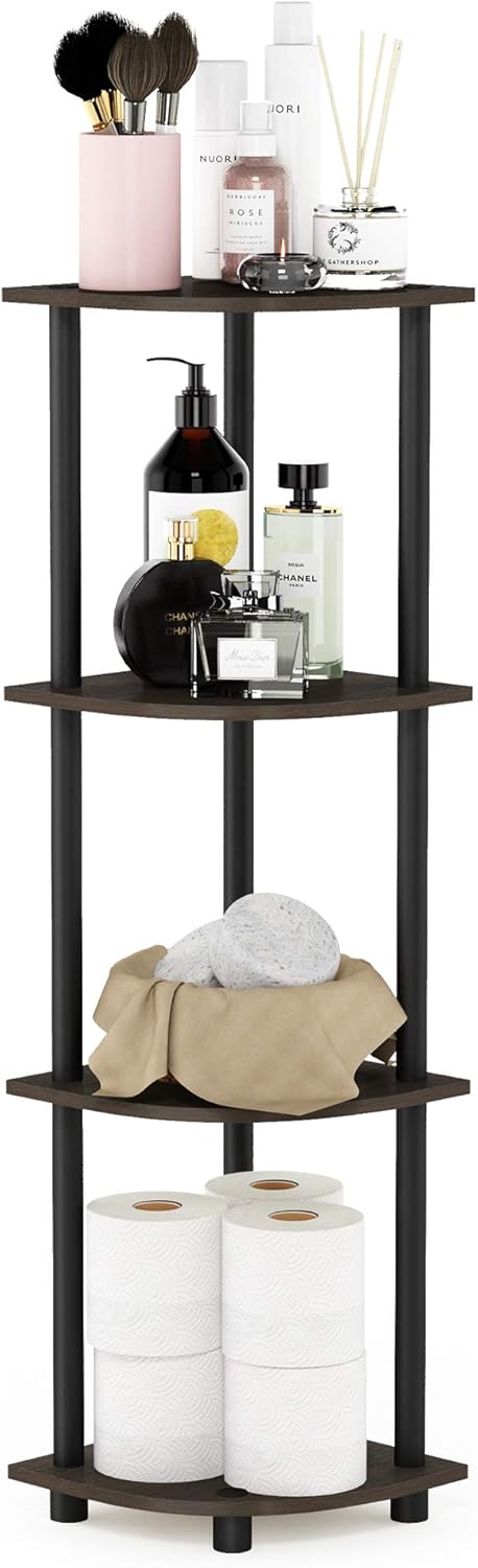 Furinno TURN-N-TUBE Corner Shelf, 4-Tier Corner Bookshelf, Display Storage Shelves with Open Shelves, for Organization and Storage, Living Room, Home Office, Garage, Dark Brown Grain