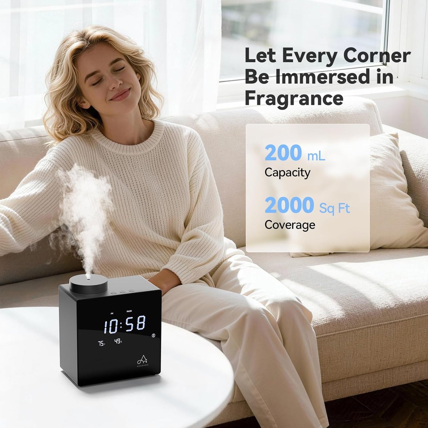 2026 Smart Waterless Diffuser, 2000 Sq.Ft Cold Air Scent Diffuser with Clock & Environmental Display | 7 Fragrance Levels, 9 Timer Settings, Hotel Collection Diffuser for Home & Large Rooms (Black)