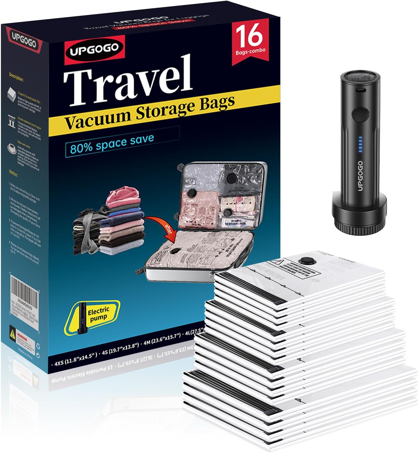 UPGOGO Travel Vacuum Bags for Luggage with Portable Electric Pump,Vacuum Seal Bags for Clothing,Packing Cubes Compression,Cruise Ship and Travel Essentials(Combo 9 Pack)