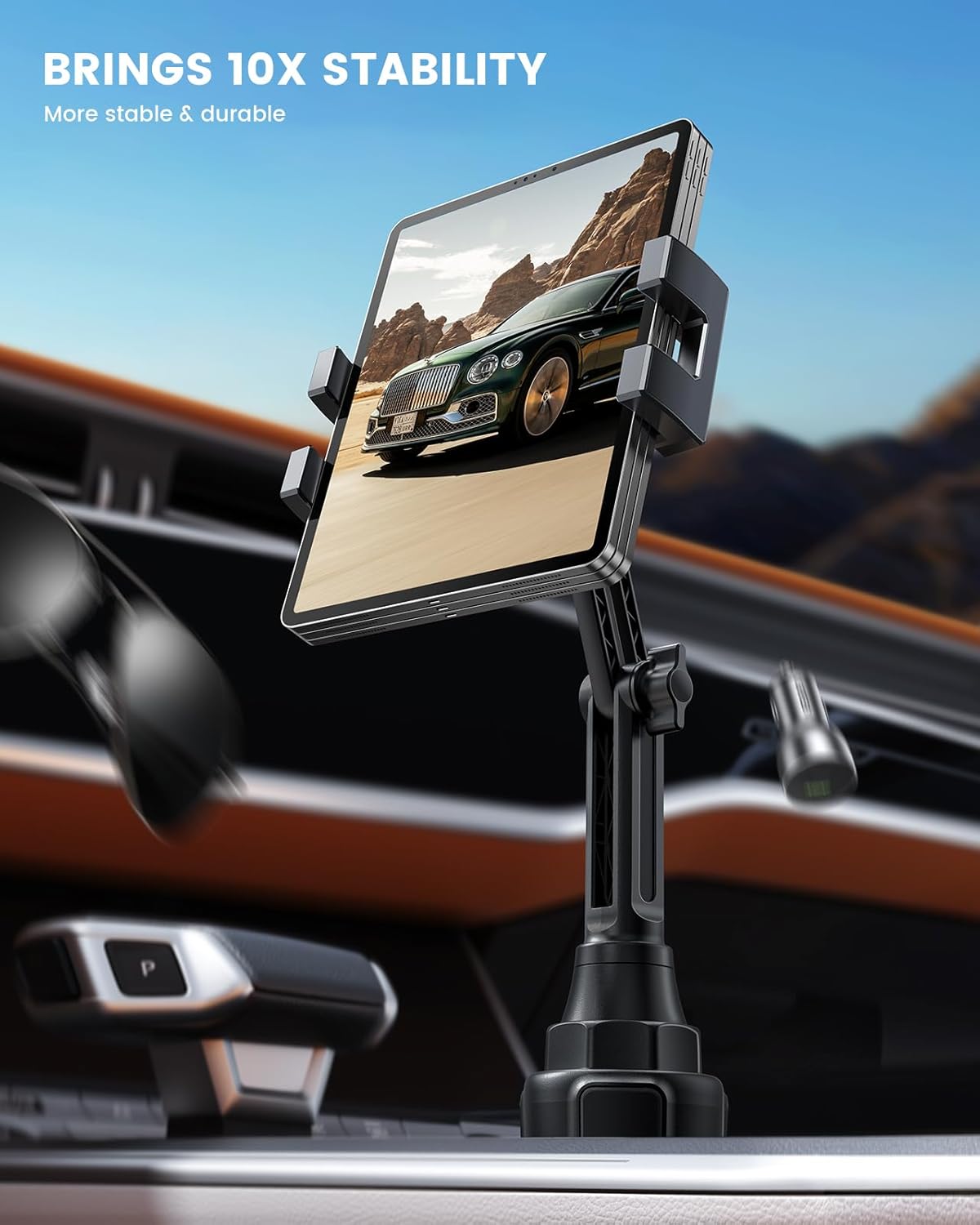 Lamicall Car Cup Tablet Holder - [15" Height Adjustable][ Fast Setup] Cup Holder Phone Holders, Multi Angle Car Mounts as Gifts for 5.2-13" iPad Pro 2025, Air, Mini, iPhone 17e, Car Accessories