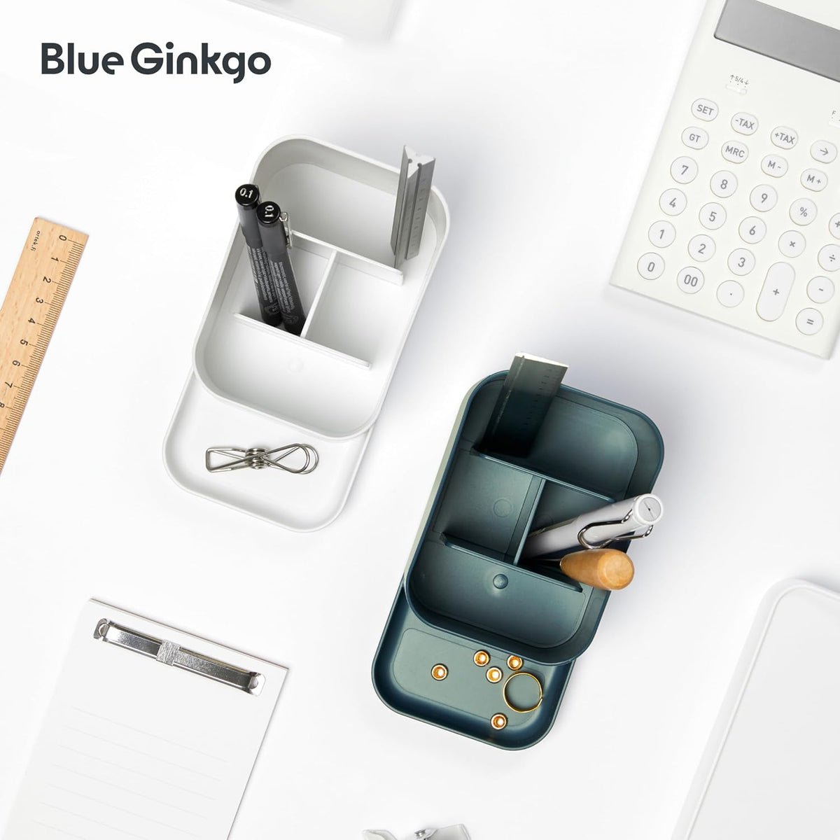 BLUE GINKGO Pen Holder, Desk Organizer, White, Made in Korea