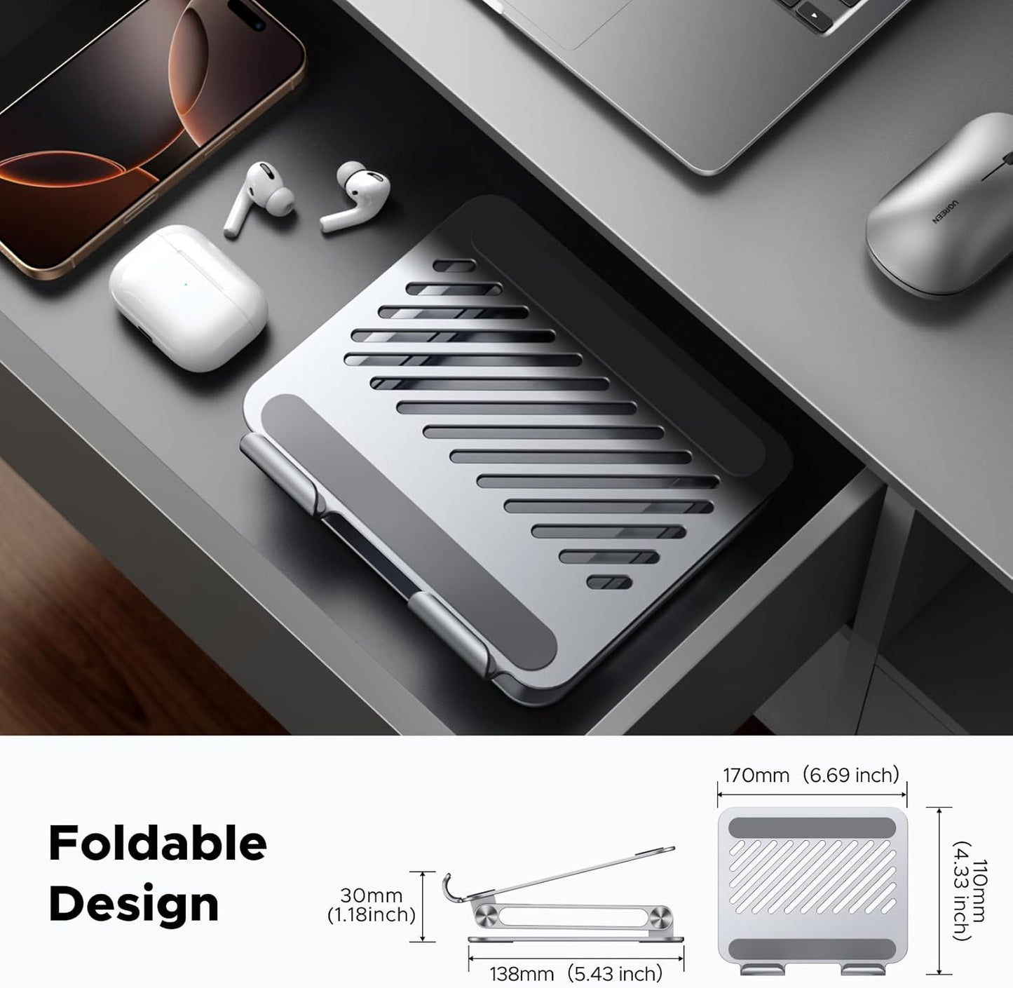 UGREEN Tablet Stand Holder for Desk Dual Rod Support Aluminum Tablet Holder Adjustable Multi-Angle Home Office Accessories Compatible with iPad Pro 13 12 11 10.5 Air Mini 5 4 3 2 Phone E-Reader Silver