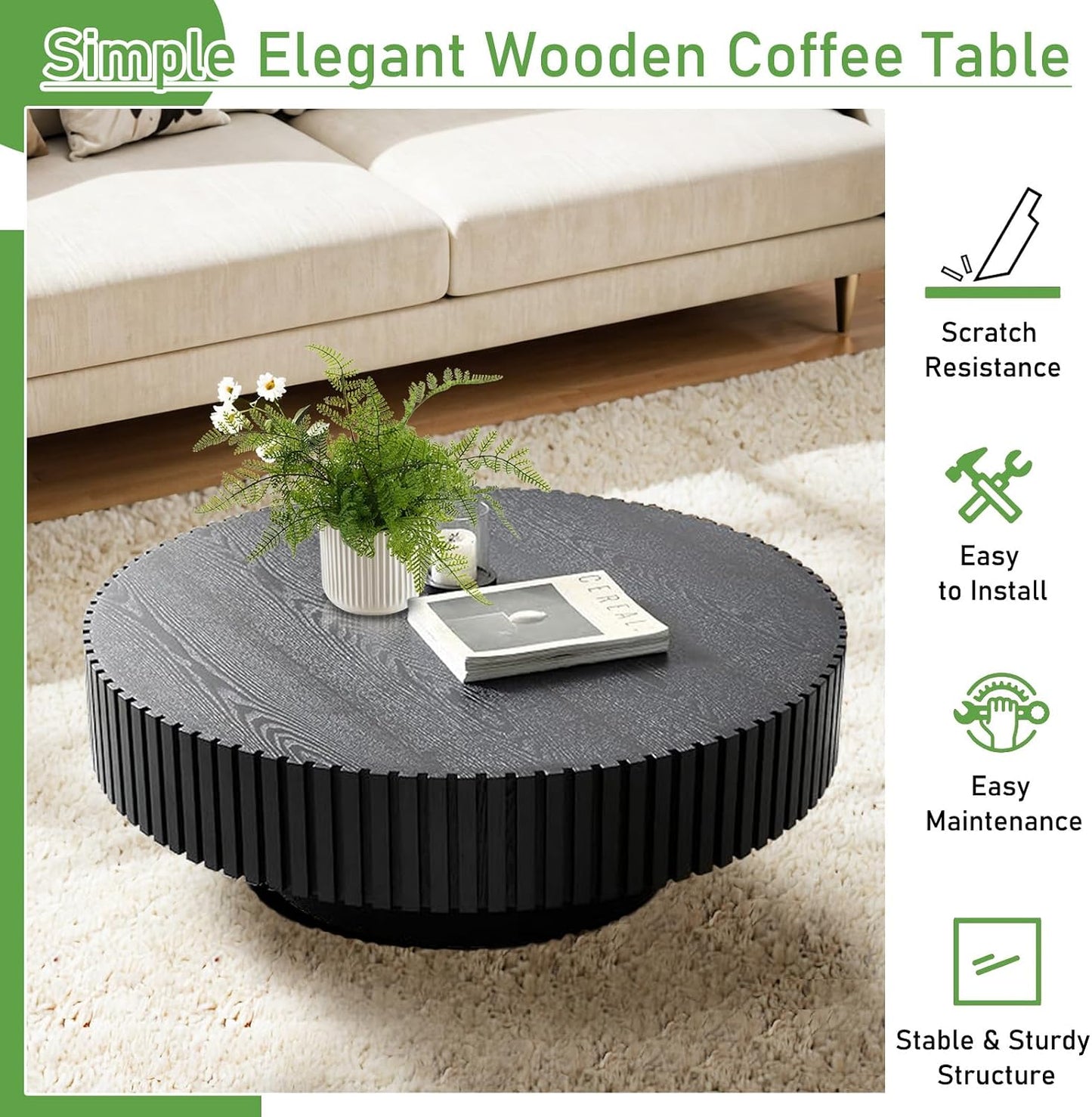 31.5'' Round Coffee Table (Round Black) | Modern Handcraft Drum Coffee Table, Unique Fluted, Wood Center Table, For Small Space, Farmhouse Apartment Office