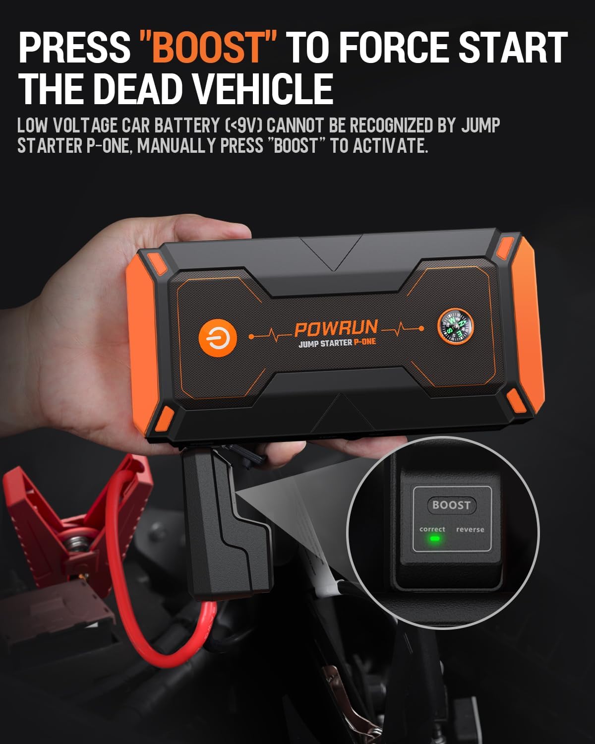 Powrun P-ONE Jump Starter, 2000A Portable Jump Box - Car Jump Starter Battery Pack for up to 8.0L Gas and 6.5L Diesel Engines, 12V Battery Jump Starter with Carry Case (Orange)