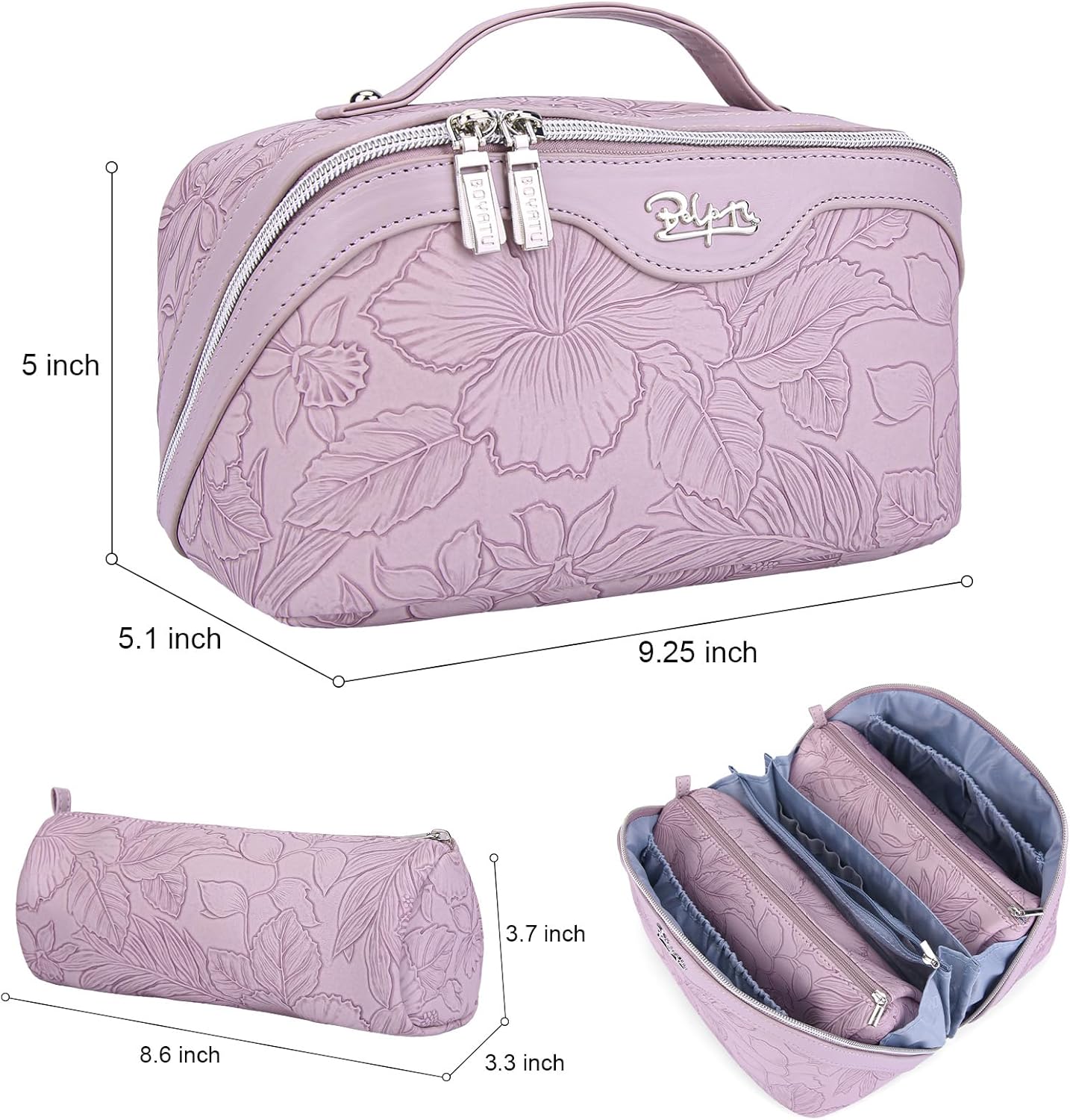 BOYATU Travel Makeup Bags Cosmetic Organizer Bag: 3-Set Large Capacity Make up Bag - PU Leather Toiletry Bags for Women - Wide Open Portable Pouch with Divider & Handle (01-Z-Light Purple)