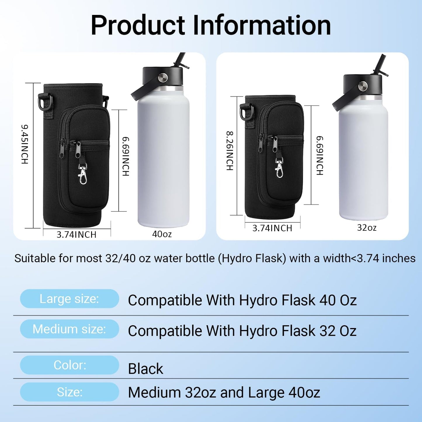 RRegeny Water Bottle Holder with Strap for Hydroflask 32oz 40oz, Carrier Sling Bag with Phone Pocket Water Bottle Sleeve for Men Women Hiking Camping Travelling