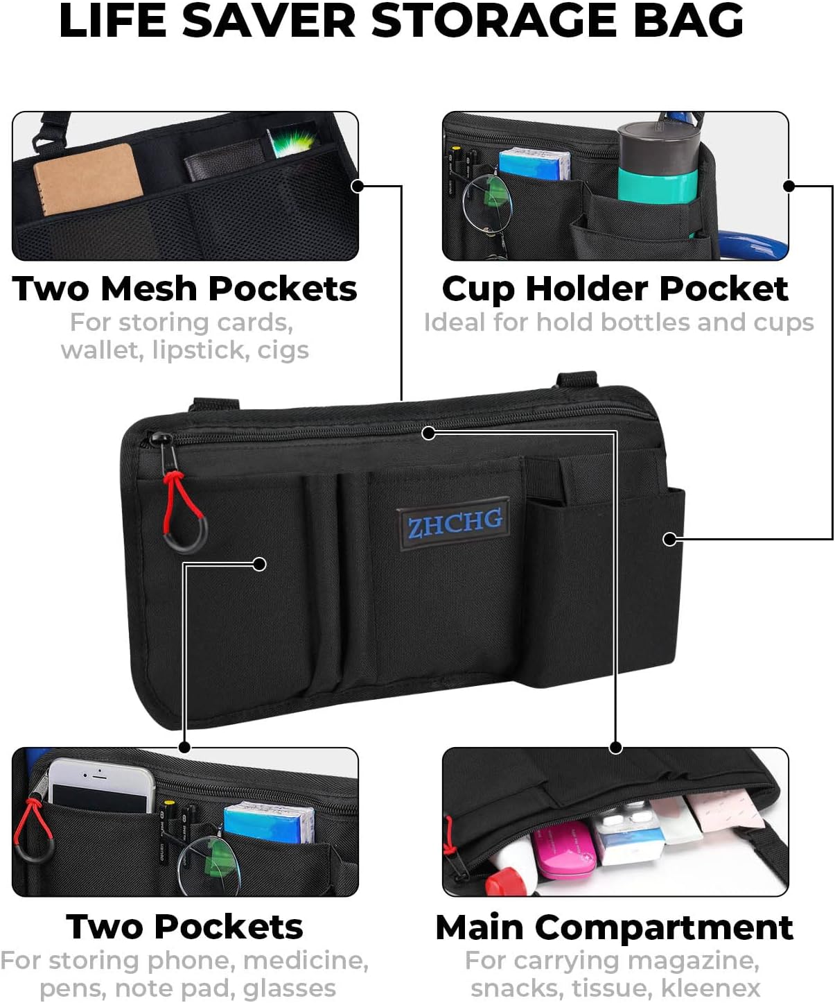 ZHCHG 2 Pack Wheelchair Side Bag with Cup Holder, Wheelchair Armrest Pouch Accessories for Walker, Rollator, Electric Scooter Wheelchairs, Ideal Gift for Mother's Day & Father's Day
