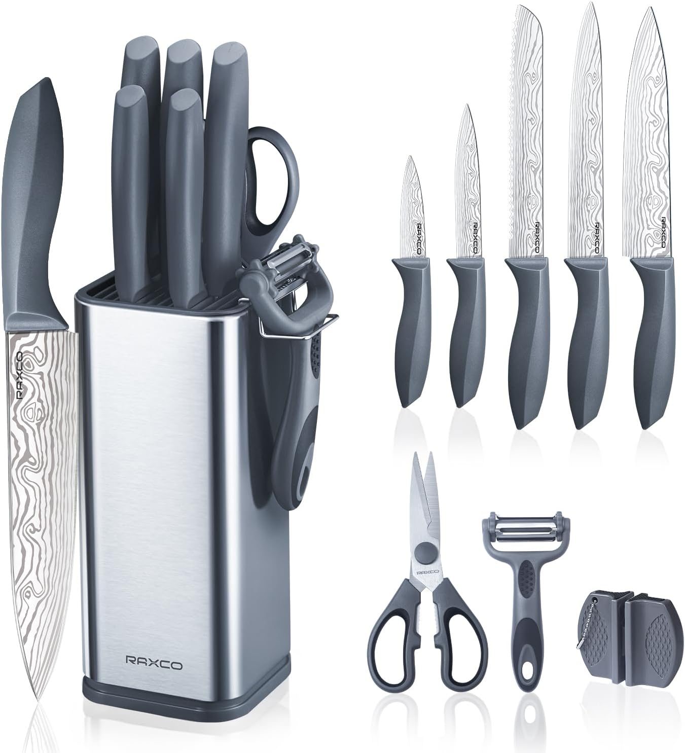 RAXCO Knife Set with Block,10-Piece Kitchen Knives Stainless Steel,Pro-sharpened for Cooking,Slicing,Mincing,Dicing,Black