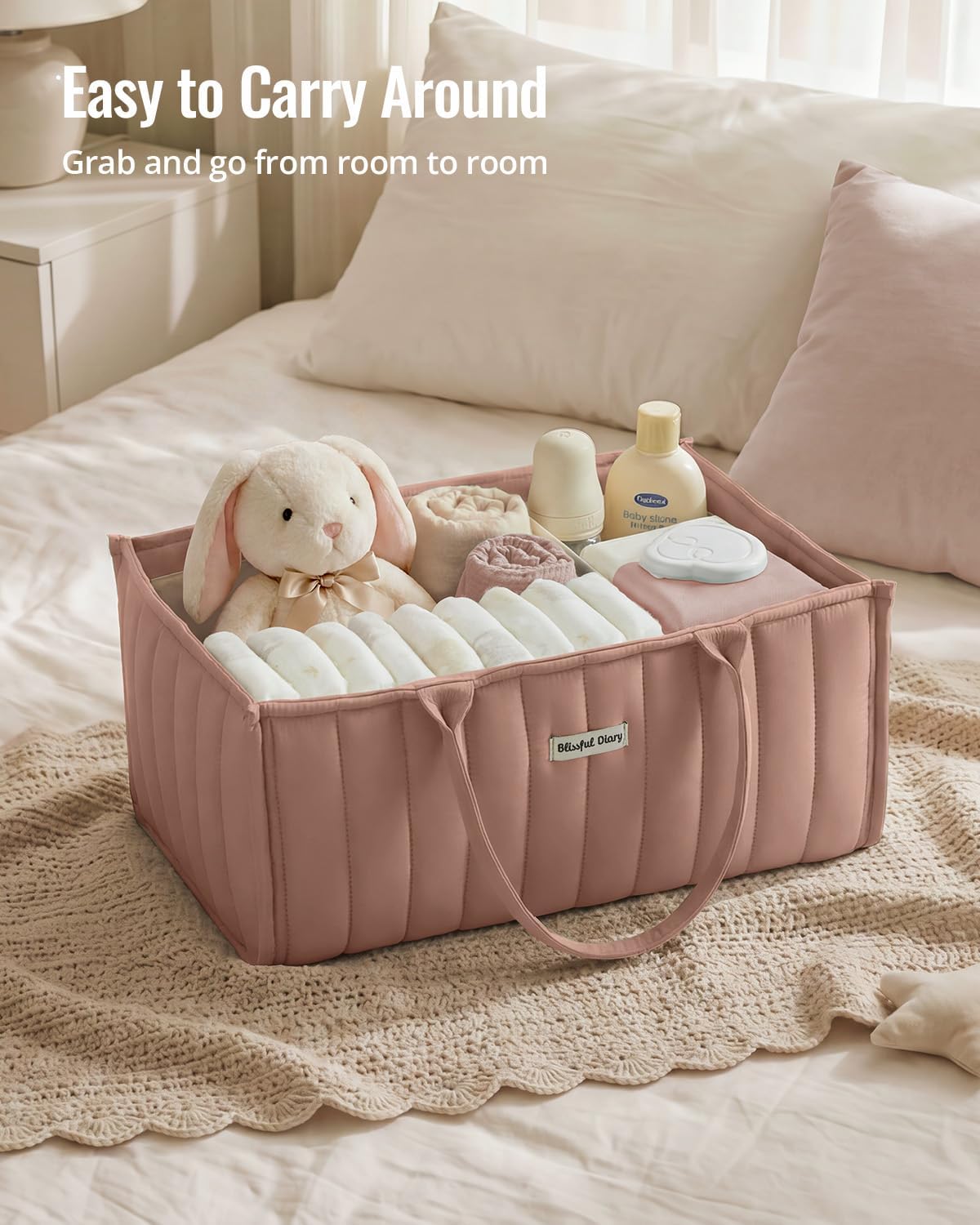 Blissful Diary Baby Diaper Caddy Organizer, Stylish Storage Basket for Newborn Essentials and Diaper Station, Gift for Baby Shower and Registry Must-Have, Blush Pink