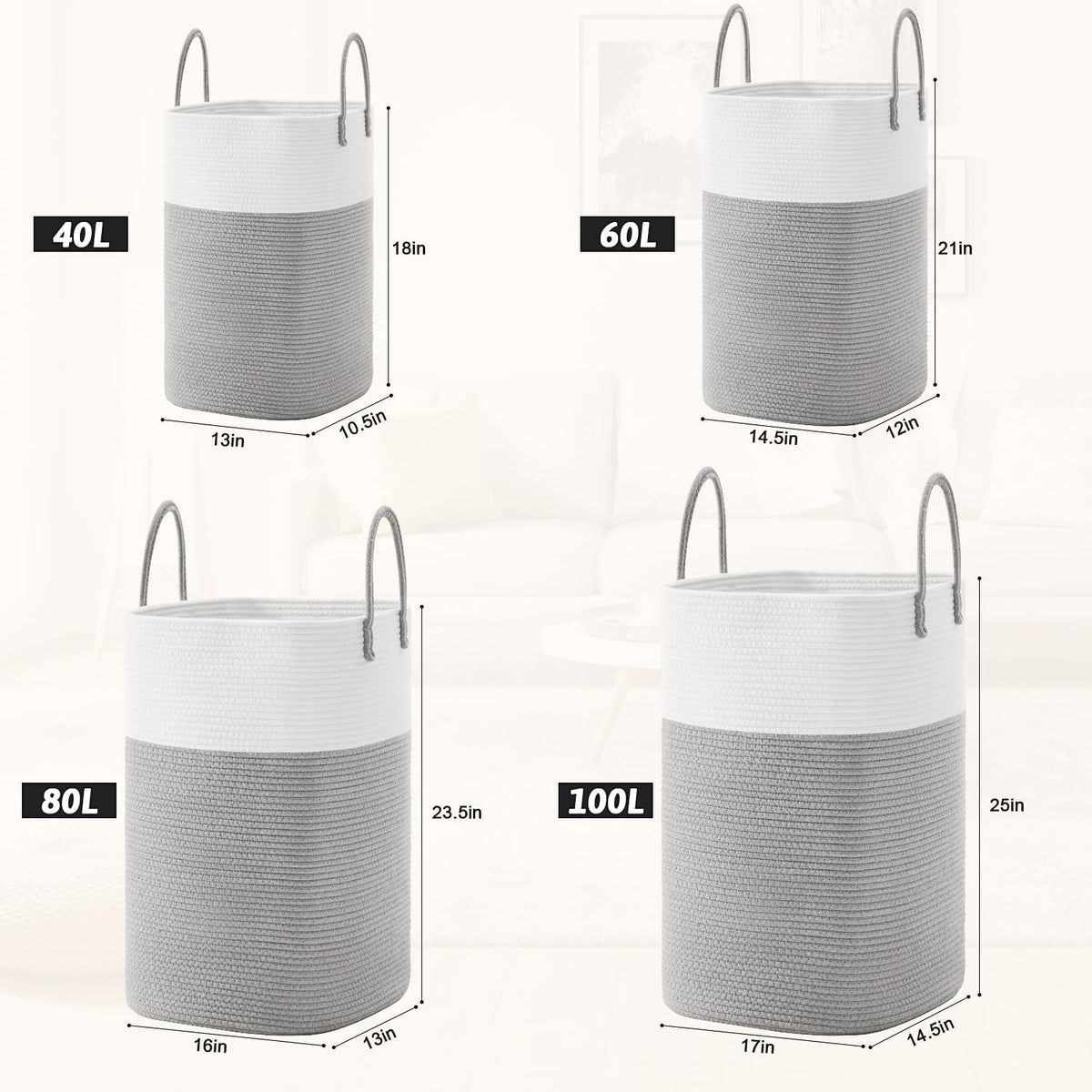 Laundry Basket,Woven Cotton Rope Laundry Hamper,Versatile Storage for Dirty Clothes,Baby Toys,and Blankets in Bathroom, Nursery,and Living Room (Grey, 100L)