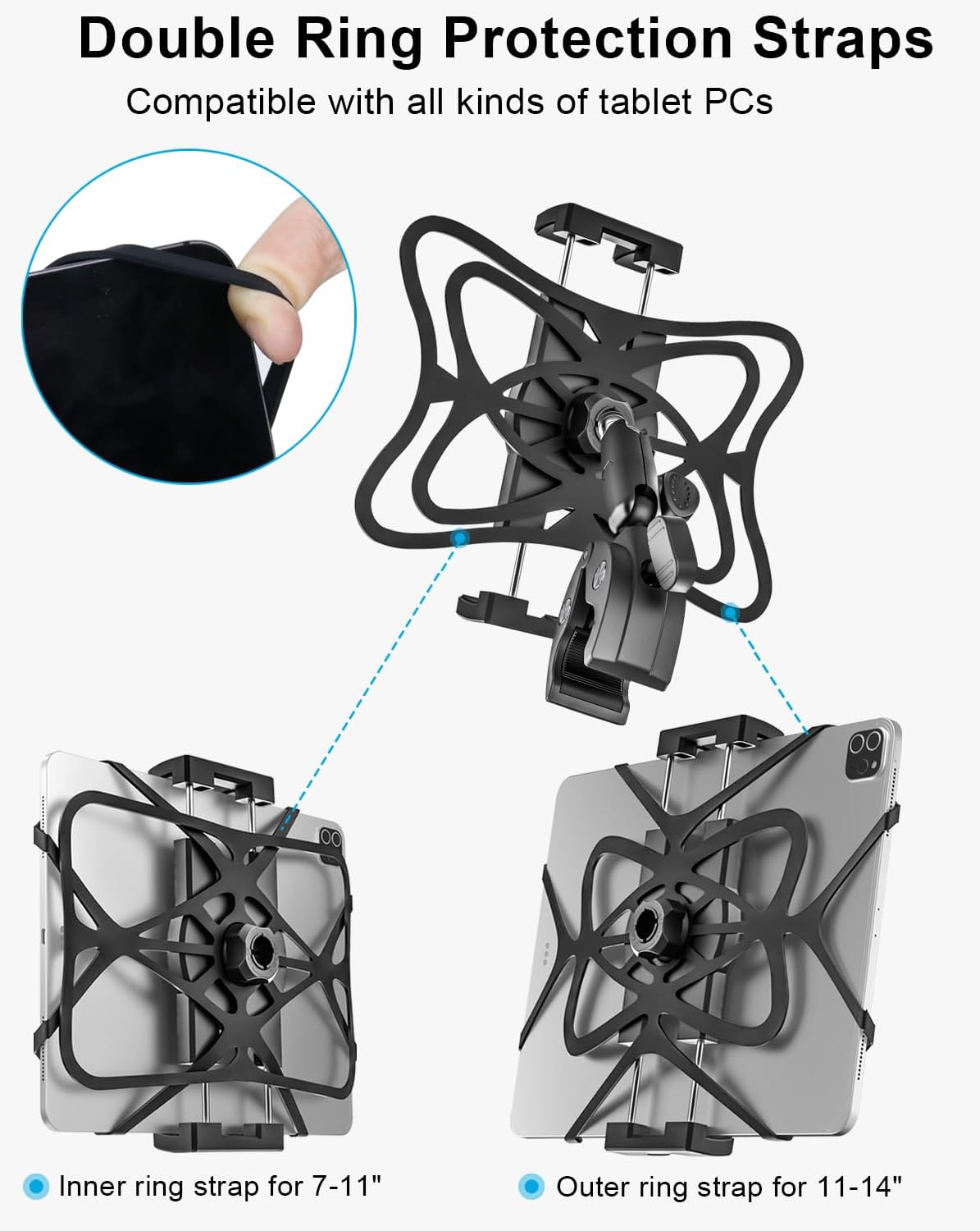 Metal iPad Tablet Mount for Boat Helm, Marine, Wheelchair, Golf Cart, Stroller, Treadmill, Spin Bike, Bicycle, Mic Stand - 360° Adjustable Handlebar Clamp for 4-13" iPad Pro, Air, Mini, Galaxy, iPhone