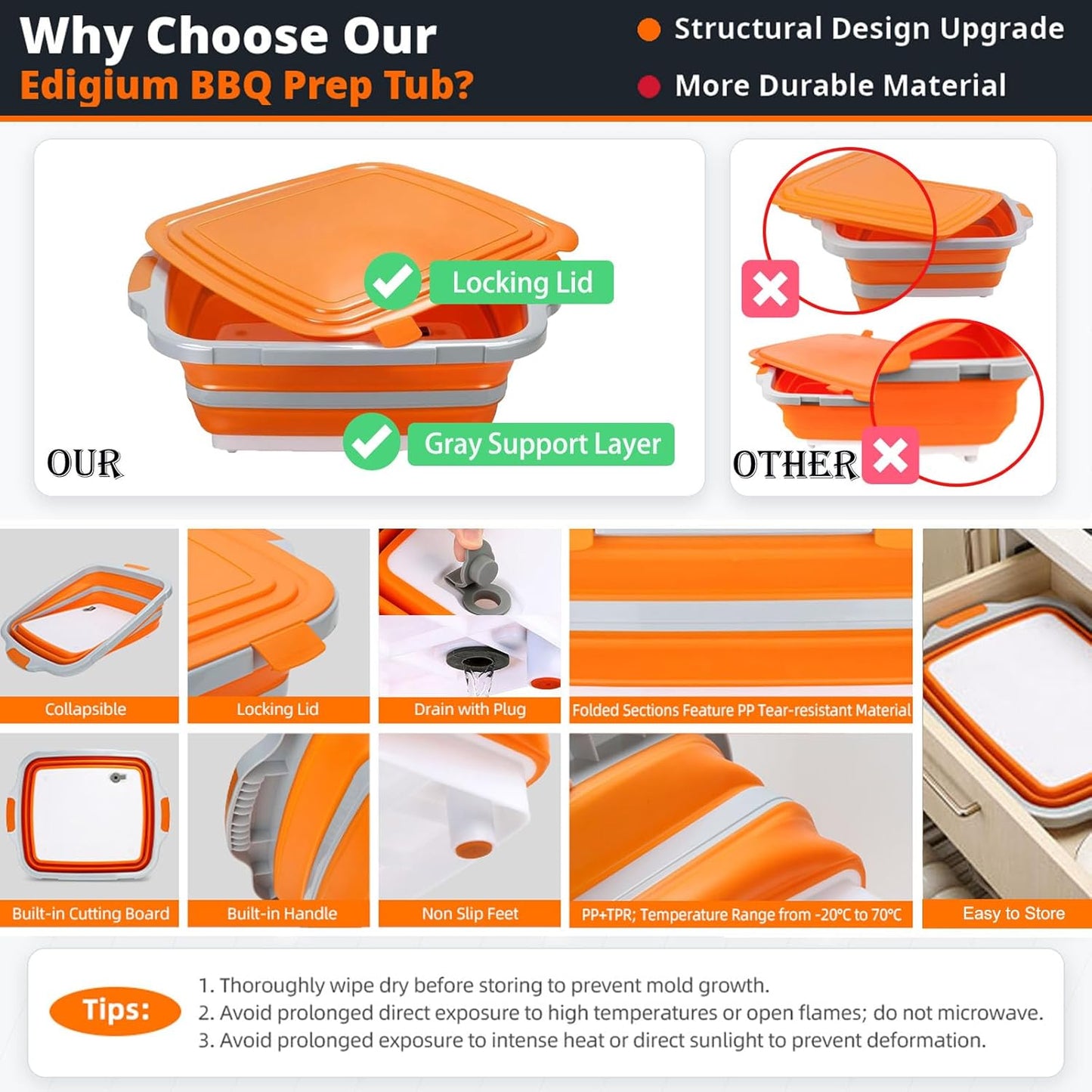 16L Collapsible BBQ Prep Tub with Locking Lid & Cutting Board - Marinade Container Grill Carry System for RV Picnic Tailgate - Portable Wash Basin for Kitchen Camping Sink - Gift for Men Women