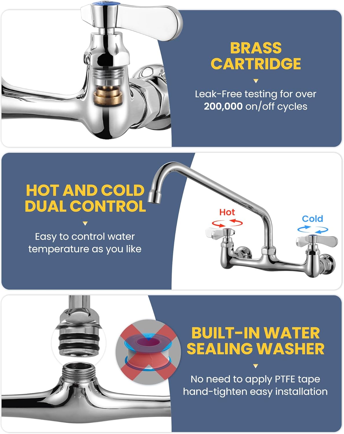 Commercial Sink Faucet with 14” Swivel Spout, 8" Center Wall Mount Kitchen Faucet, Dual Handles Brass Utility Sink Faucet for Laundry Room Restaurant Compartment Sink, Polish Chrome