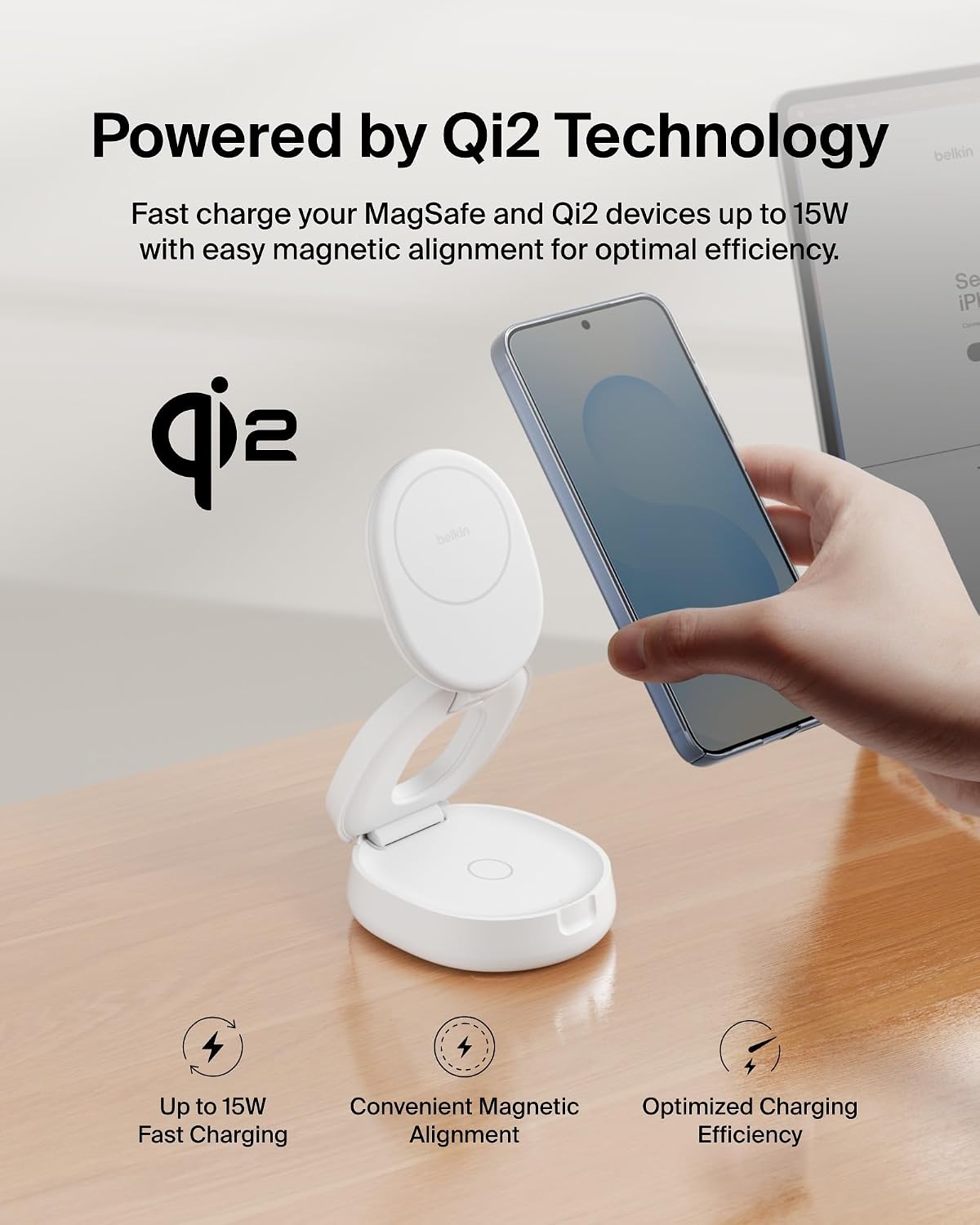 Belkin Qi2 15W Wireless Fast Charging Station, 2 in 1 iPhone Charger | Fast Charging, MagSafe Compatible, iPhone 17/16/15, AirPods, Travel Charger, Magnetic