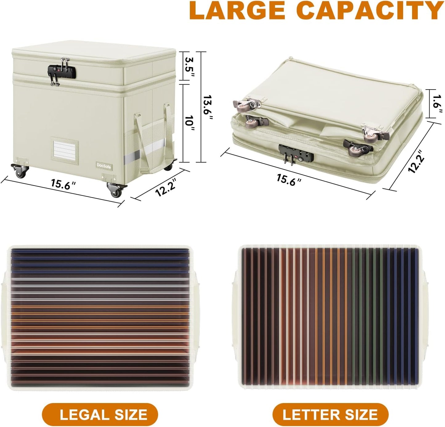 DocSafe Fireproof Document Box with Lock,2-Layer File Box with Wheels,Collapsible File Storage Organizer with Pockets,Large Portable Office Filing Cabinet for Hanging Folders,Beige,16''x13.8''x12.2''