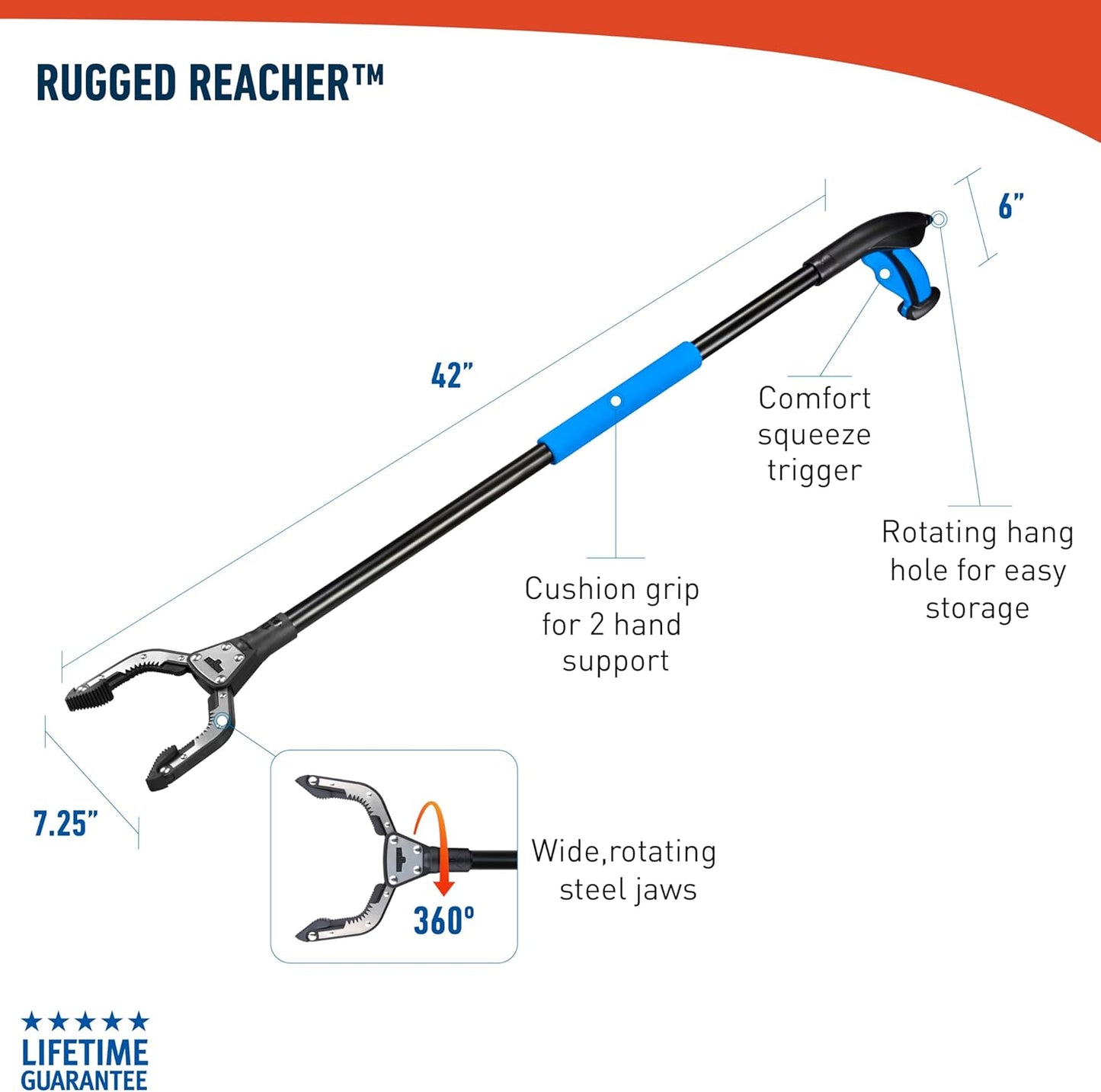 Unger Professional 42.5” Rugged Reacher Grabber Tool with Rotating Head, Outdoor Trash Picker Upper, Heavy Duty Claw Pickup, Durable Litter Yard Clean Up for Twigs, Lawn, and Garden Use