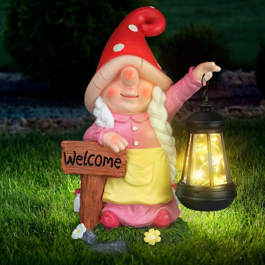 12.4" Solar Garden Gnome Statue with LED Lantern Welcome Sign, Pink