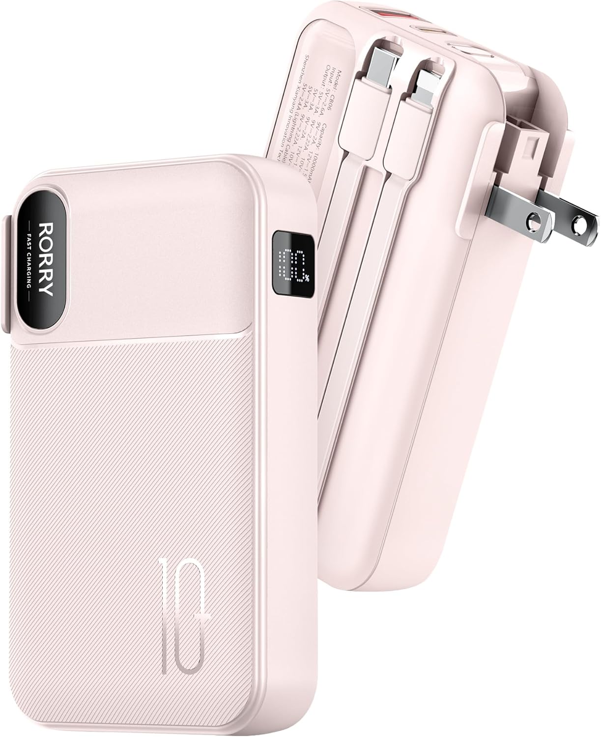 RORRY Portable Charger Built in Cables, AC Wall Plug in Portable Charger Power Bank 10000mAh Travel Battery Pack 22.5W Fast Charging for iPhone 17/16/15 Samsung Galaxy S25/S24/S23 Pixel LG iPad, Pink