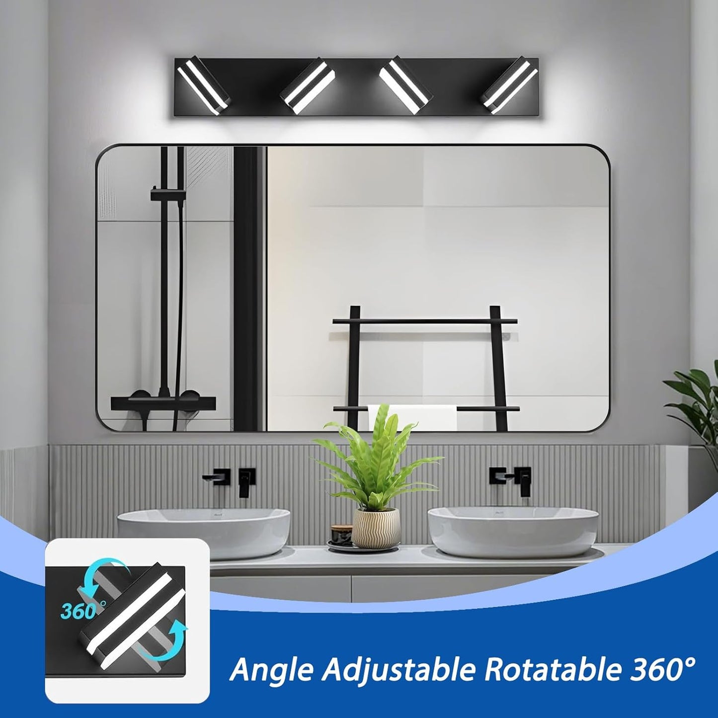 IZORRO LED Modern Bathroom Lights Fixtures(4-Light,Dimmable,360°Rotate),Matte Black Acrylic Wall Lighting,Vanity Lights for Bathroom Over Mirror - 6000k 24In （No Assembly Required）