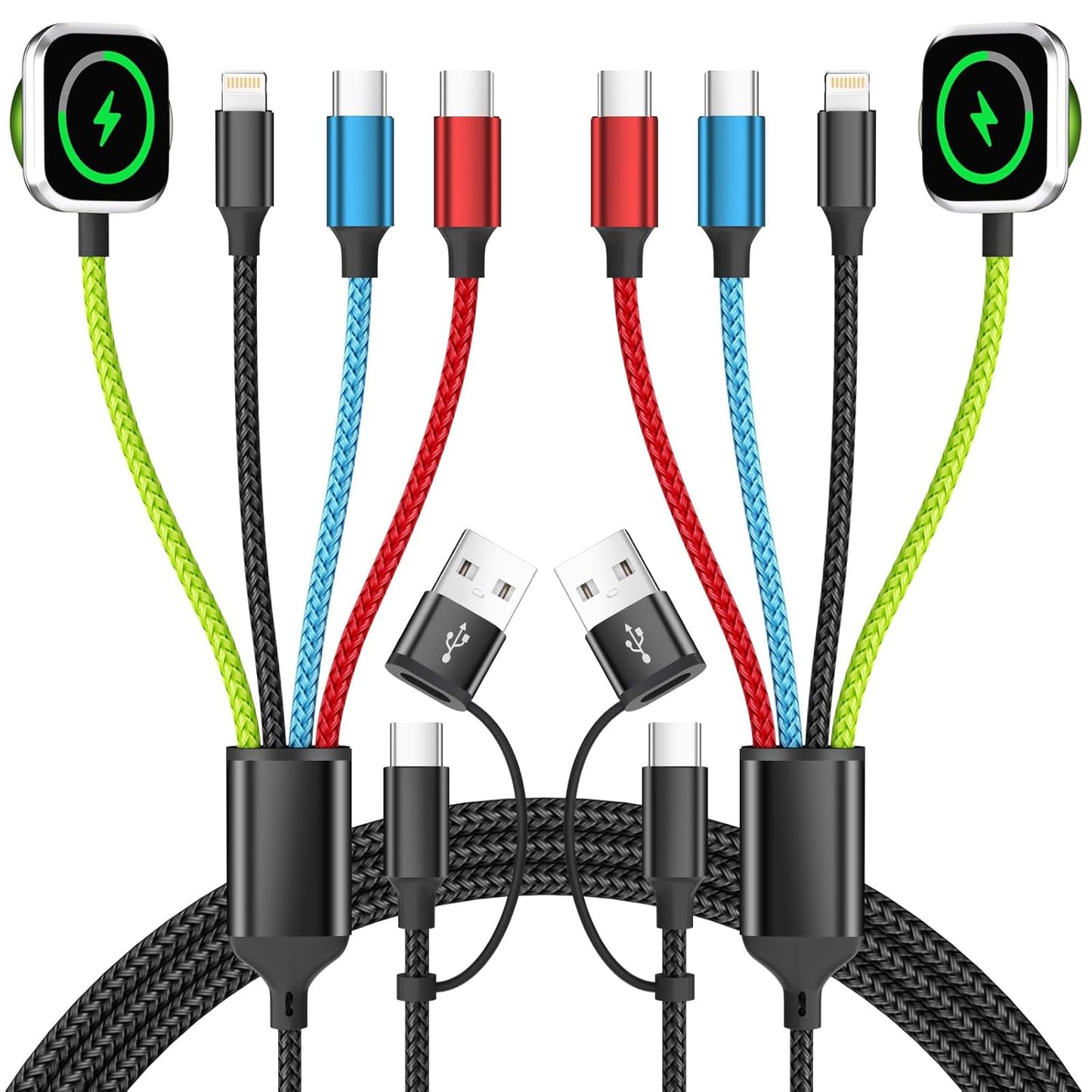 Travel Essentials 2026 4-in-2 Multi Charging Cable with iWatch Charger [2Pack 5FT], Nylon Charging Cords, USB C USB A Phone Charger for Multiple Devices, Cruise Essentials Car Accessories