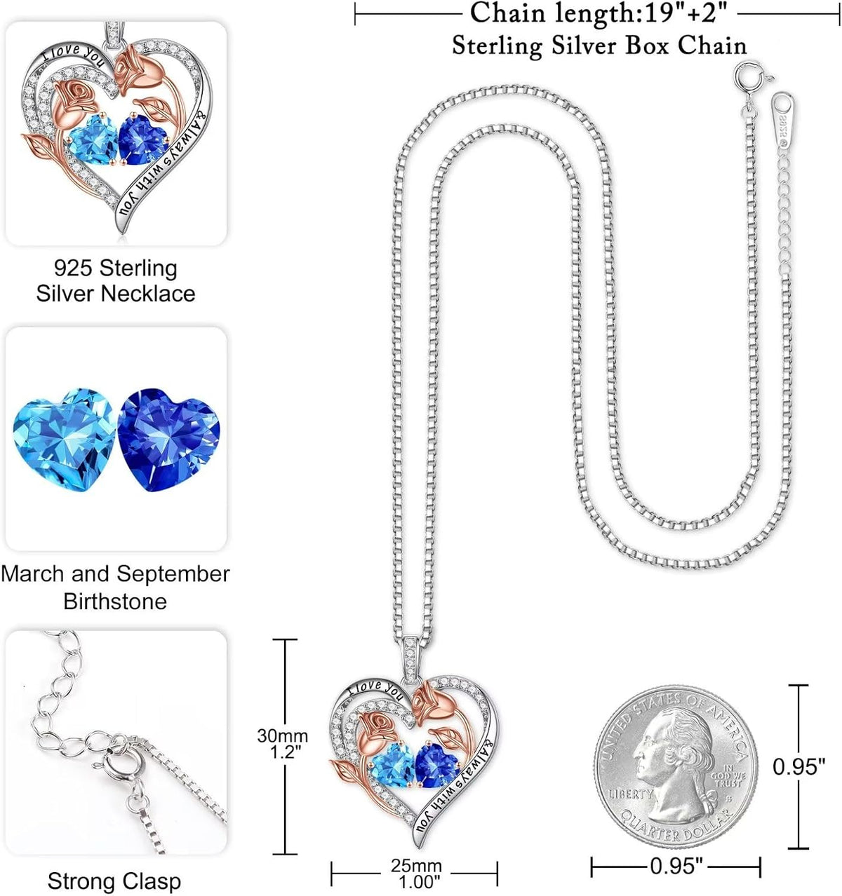 Iefil Birthstone Necklace for Women - Rose Heart Necklace