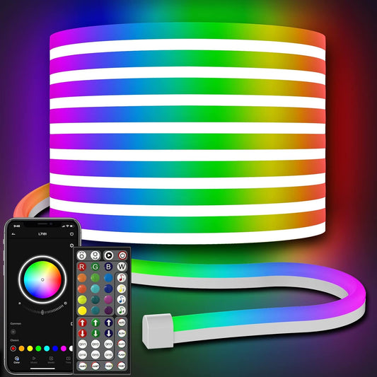 32.8Ft Neon Rope Lights,Flexible Led Rope Lights Control with App/Remote,Multiple Modes RopeLights,IP65 Outdoor RGB Led Neon Lights NonWater Resistant,Music Sync Gaming Led NeonLight Strip