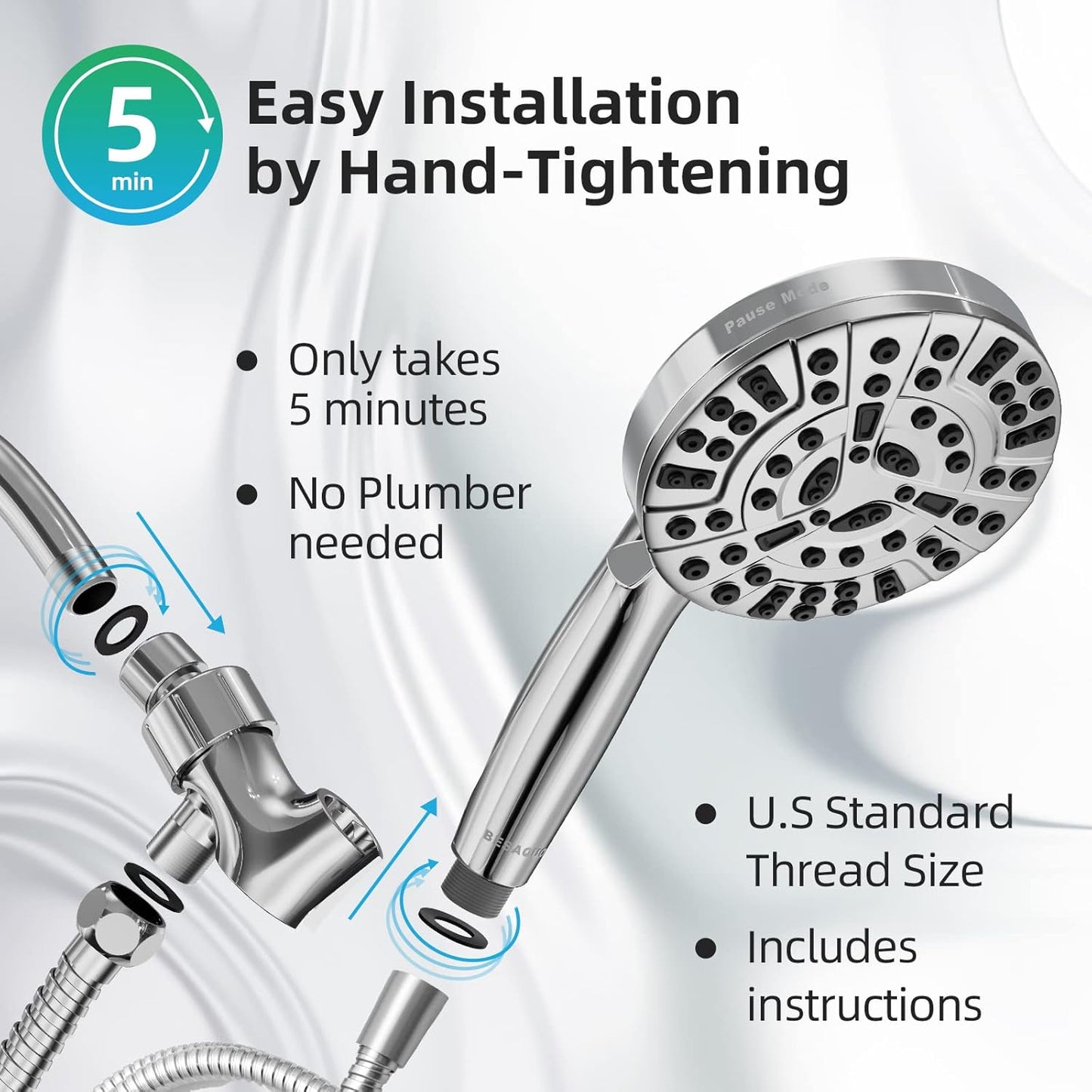 BESAQUO Shower Head,10 Functions High Pressure shower head with handheld, Built-in Pause Mode & Power Wash, Non-Clogging Nozzles High Flow Hand Held Shower Head, Leakproof 6ft Hose&Adjustable Bracket