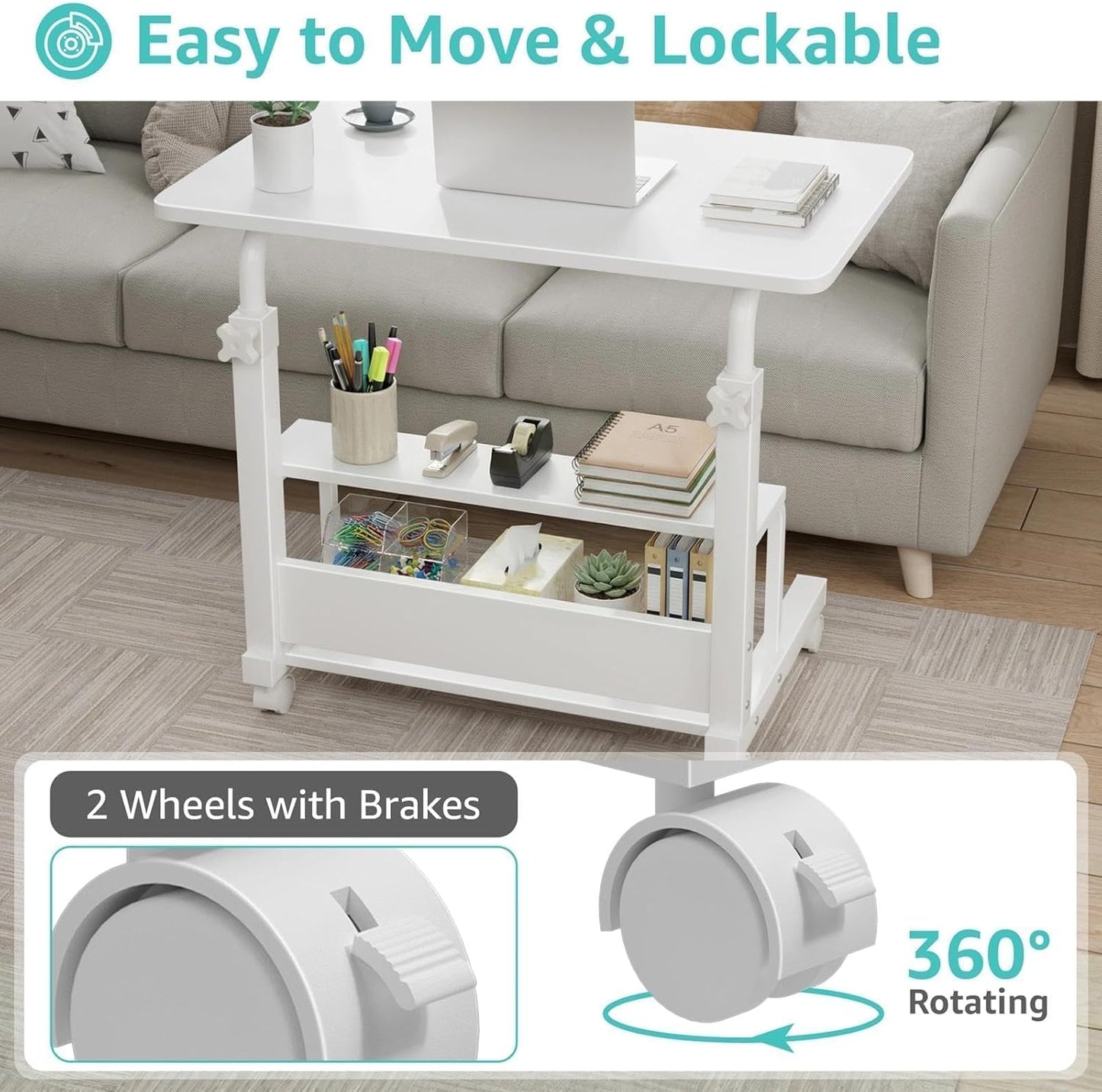 WINAZ Small Portable Laptop Rolling Desk - 32" Mobile Kids Desk with Wheels for Small Spaces, White，31.5"