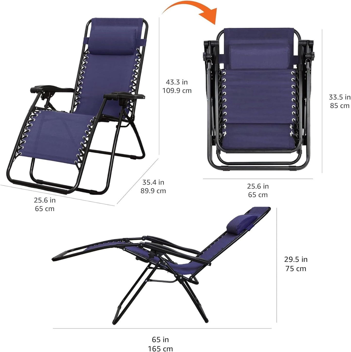 Amazon Basics Zero Gravity Lounge Chair with Pillow, Foldable Outdoor Reclining Chair for Patio and Beach, Weather-Resistant Textilene, 300 lb Capacity, 26", Navy Blue