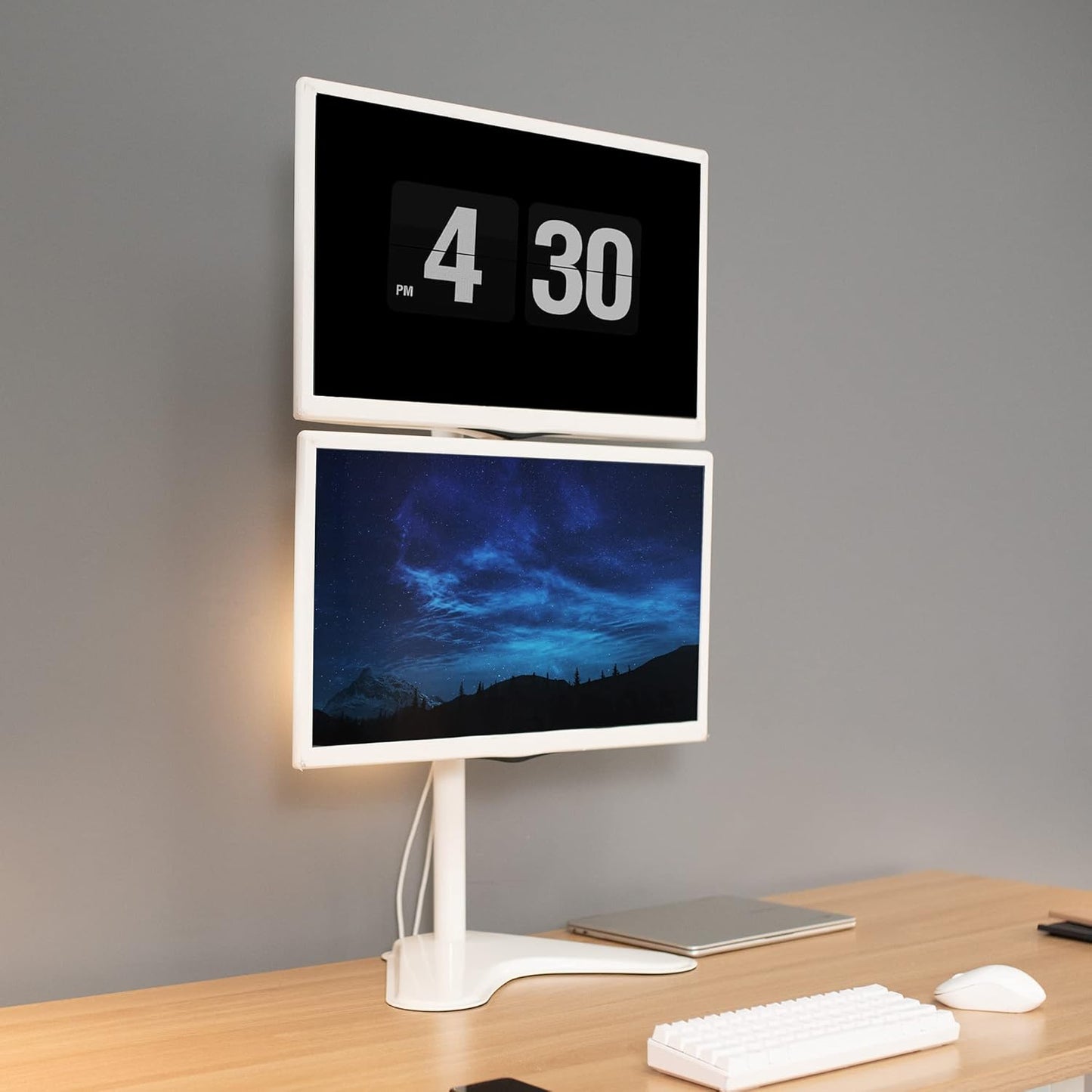 VIVO Dual Monitor Desk Stand Free-Standing LCD Mount, Holds in Stacked Vertical Position 2 Ultrawide Screens up to 34 inches, White, STAND-V002LW