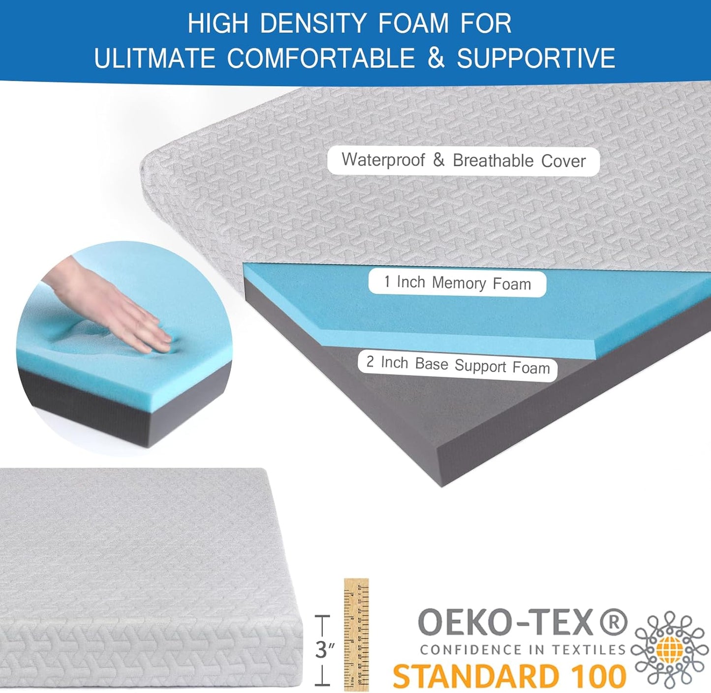 Memory Foam Camping Mattress Pad 3 Inch Thick, Portable Sleeping Pad with Waterproof Cover, Portable Roll Up Cot Mattress Pad Floor Mat for Travel Truck Bed Tent