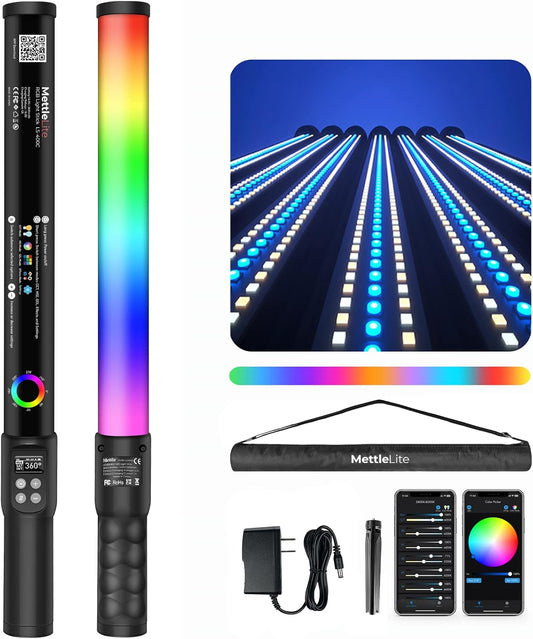 Mettlelite LS400C RGB LED Light Stick Full Color Continuous Output Video Light 2 ft with APP Control 2800K-8000K CRI96 TLCI97 RGB CCT HSI 10 Customizable Light Effects Built in Rechargeable Battery