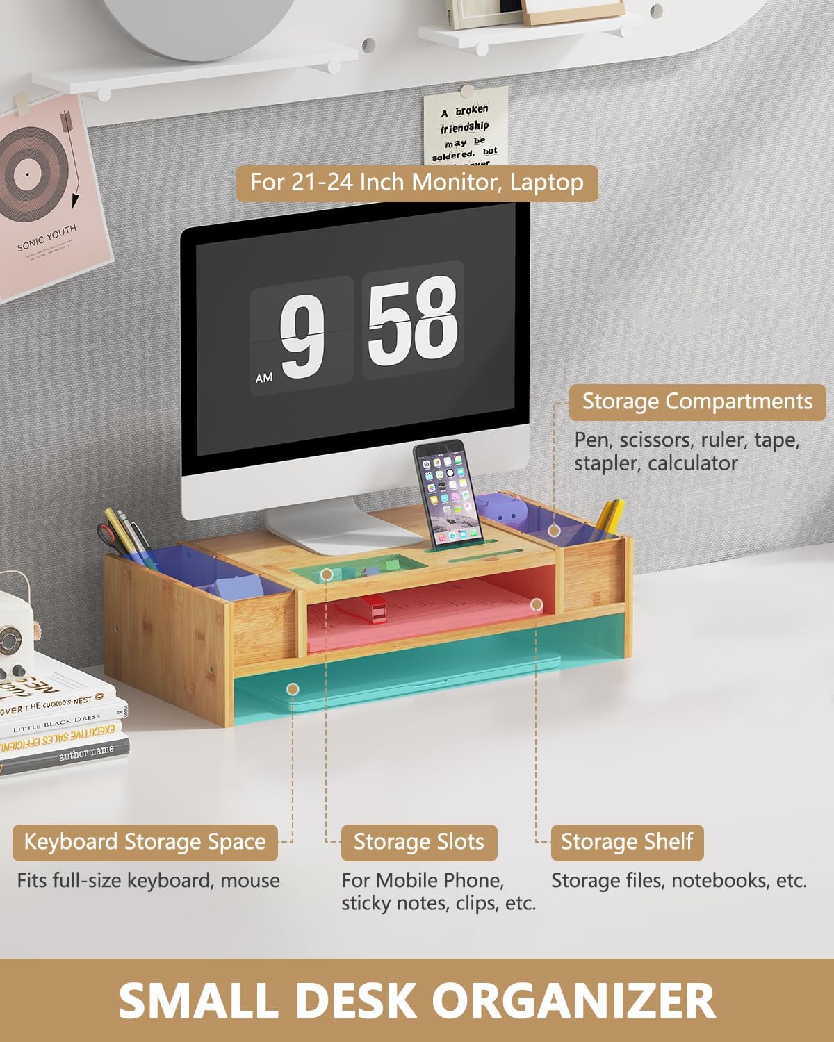Ufine Bamboo Monitor Stand with Storage Compartments Small Desk Organizer
