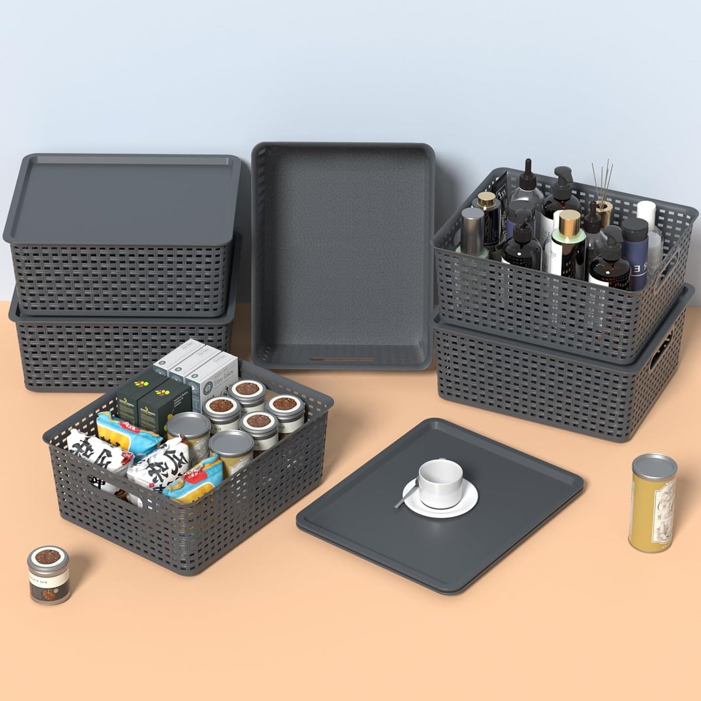 Zopnny Stackable Baskets with Lids, 6-Pack Storage Containers Bin