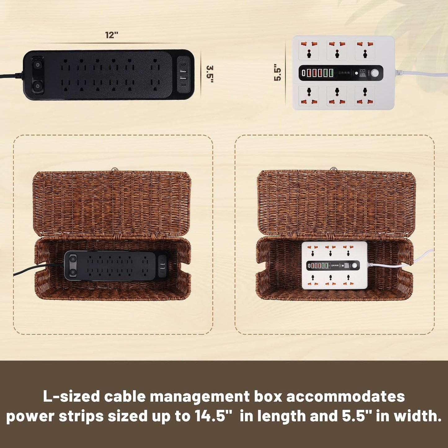 Cable Management Box, Cord Organizer with Lid & Cable Ties - Brown, L | Handmade Open Slots Cord Hider Outlet Covers for Power Strip TV PC Router Charger Under Desk Storage