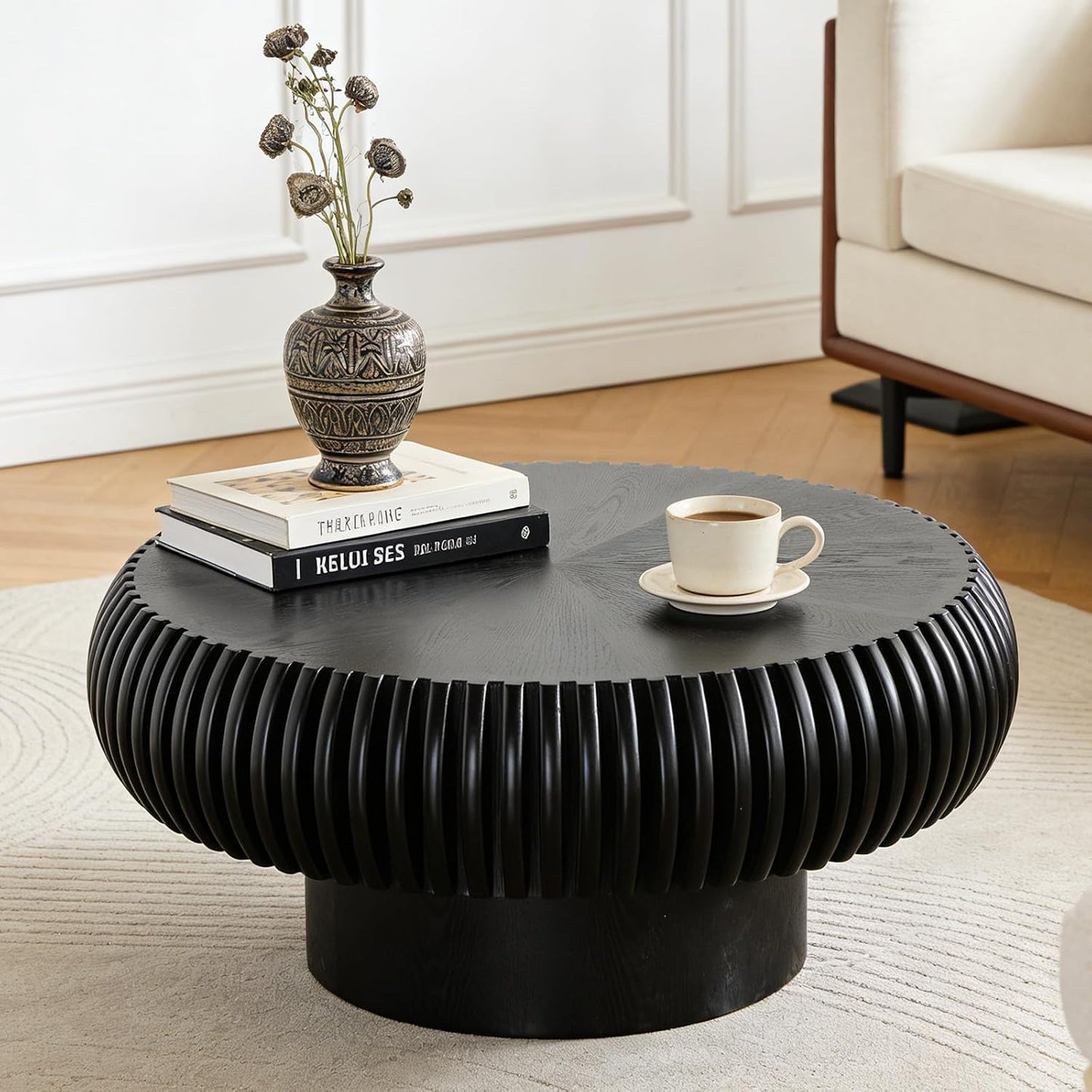 31 inch Black Round Fluted Coffee Table for Living Room (G, 1PC) | Mid Century Modern Style, Drum Shape, Low Circle Center Table, Wood Fluted Stripes, For Small Spaces, Easy to Assemble