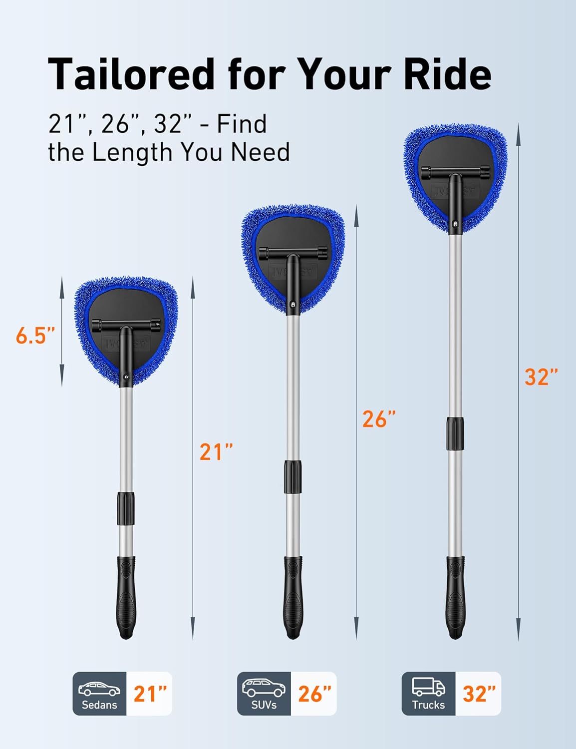 AstroAI 21" Windshield Cleaner Tool, Car Interior Detailing Cleaning Kit with Extendable Handle and 4 Upgraded High-Density Reusable Microfiber Pads, Auto Glass Wiper Brush Kit for Cars, Blue