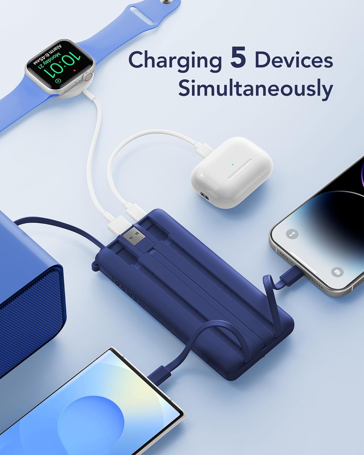 VRURC Portable Charger, Built in 4 Cables & Lanyard Power Bank 10000mAh, Compact USB C Phone Charging Bank 5 Outputs for Multi Devices,Travel Essential for Hiking Camping Business-Navy(1 Pack)