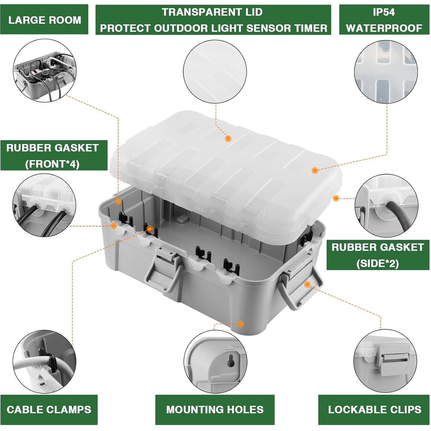 Flemoon Large Outdoor Electrical Box, Waterproof Extension Cord Cover | 6 Cable Entry Ports, IP54 Weatherproof Connection Box with Clear Lid for Photocell Light Sensor Timer, Outlet, Socket, Gray